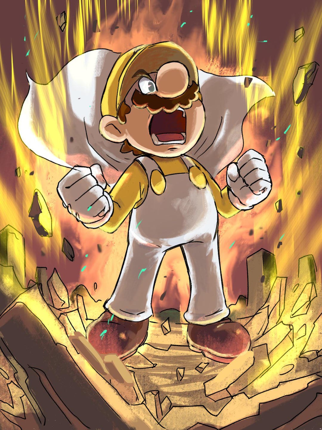 cape mario, mario, dragonball z, mario (series), nintendo, super mario world, 1boy, angry, aura, blue eyes, facial hair, full body, gloves, hat, mustache, open mouth, overalls, screaming, super saiyan