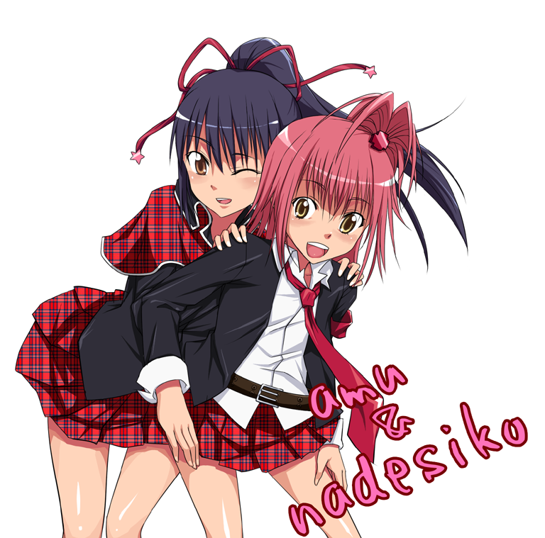 fujisaki nadeshiko, hinamori amu, shugo chara!, blue hair, necktie, pink hair, ponytail, school uniform, serafuku, trap, wink