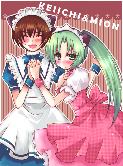hazuki megumi, maebara keiichi, sonozaki mion, higurashi no naku koro ni, 00s, 1boy, 1girl, animal ears, blush, brown hair, cat ears, couple, crossdressing, green eyes, green hair, hetero, holding hands, maid, pink theme, ponytail