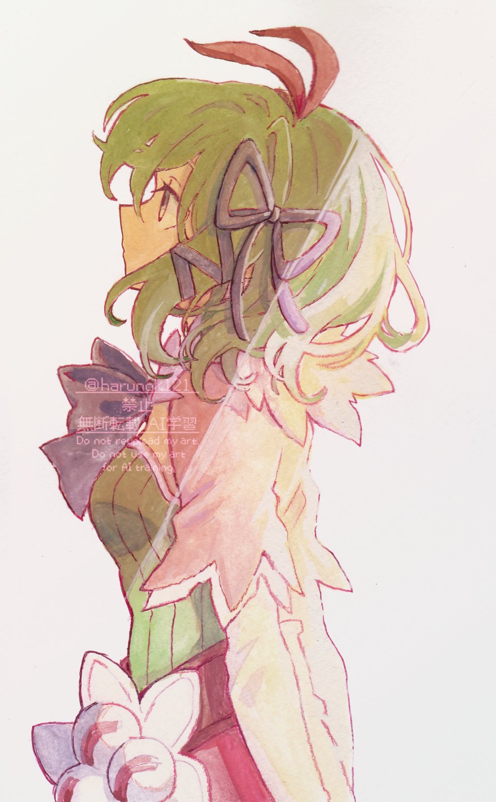 harunok121, kohaku (rune factory), rune factory, rune factory 4, highres, 1girl, belt, black bow, black bowtie, bow, bow hairband, bowtie, capelet, flower ornament, from side, fur-trimmed capelet, fur trim, green eyes, green hair, green shirt, grey background, hair ribbon, hairband, looking ahead, pink capelet, pink skirt, profile, ribbon, shirt, short hair, simple background, skirt, solo, striped clothes, striped shirt, vertical-striped clothes, vertical-striped shirt, white sleeves