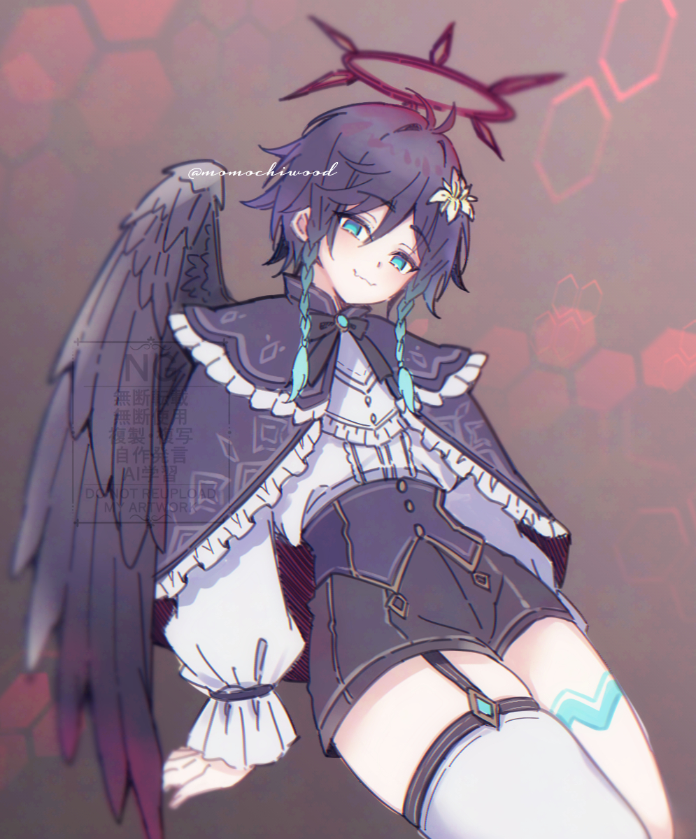 momochiwood, venti (genshin impact), genshin impact, highres, 1boy, aqua eyes, aqua hair, aqua thighhighs, artist name, black bow, black bowtie, black cape, black wings, blue hair, bow, bowtie, braid, cape, cowboy shot, crossdressing, crossdressing (mtf), dark halo, dot nose, fang, frilled sleeves, frills, gradient eyes, gradient hair, green eyes, halo, honeycomb (pattern), honeycomb background, male focus, medium hair, mismatched thighhighs, multicolored eyes, multicolored hair, red background, short shorts, shorts, signature, sitting, skin fang, solo, streaked hair, thigh strap, thighhighs, trap, twin braids, two-tone thighhighs, watermark, white thighhighs, wings