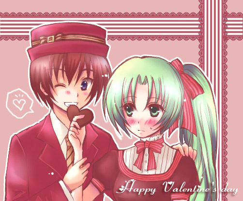 hazuki megumi, maebara keiichi, maebara keiichii, sonozaki mion, higurashi no naku koro ni, 00s, 1boy, 1girl, blue eyes, blush, brown hair, chocolate, couple, green eyes, green hair, happy valentine, hetero, pink theme, ponytail, red theme, ribbon, valentine