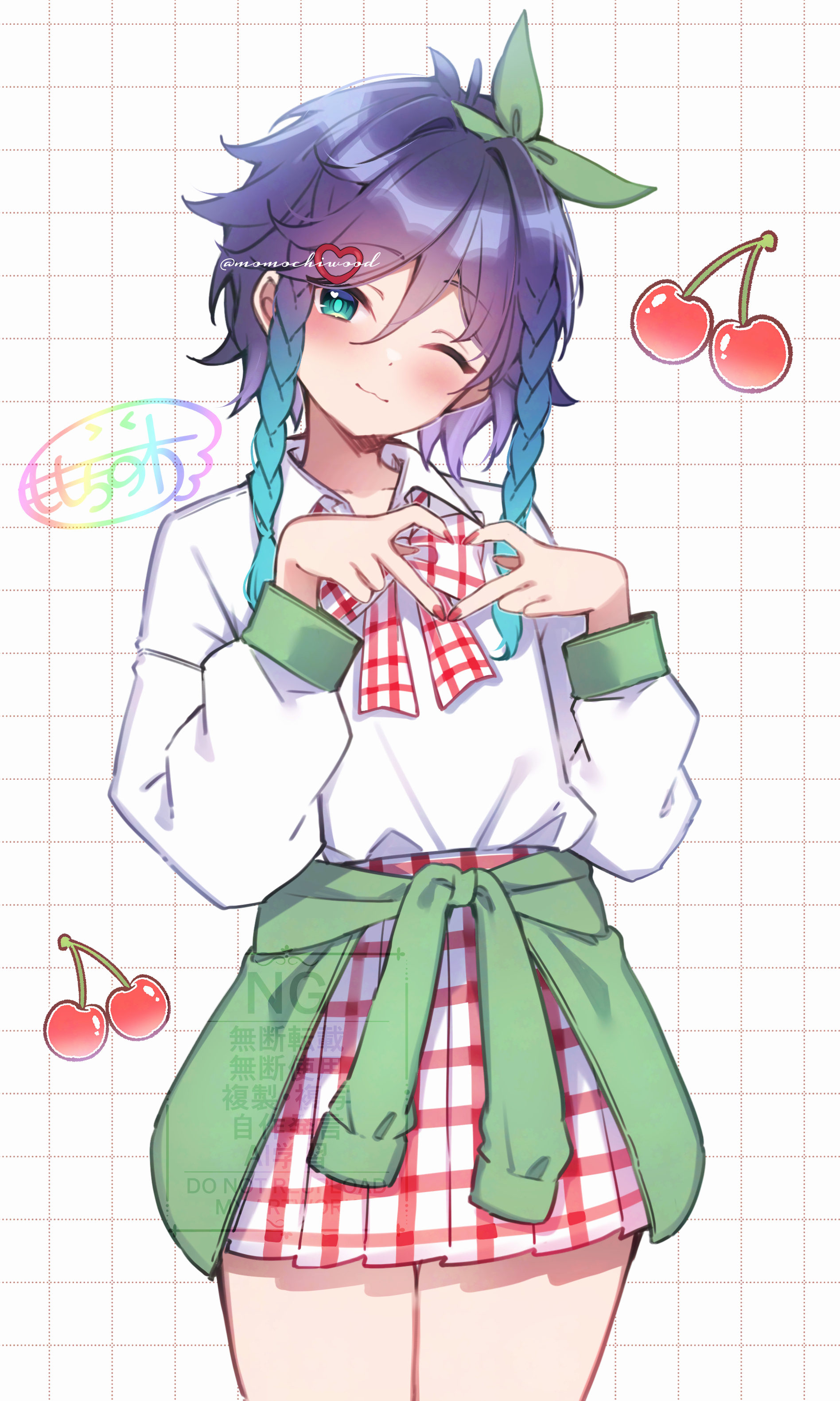 momochiwood, venti (genshin impact), genshin impact, absurdres, highres, 1boy, aqua eyes, aqua hair, artist name, blue hair, bow, bowtie, braid, checkered bow, checkered bowtie, checkered clothes, checkered skirt, cherry, clothes around waist, collar, crossdressing, crossdressing (mtf), dot nose, finger heart, fingernails, food, fruit, gradient eyes, gradient hair, green eyes, green ribbon, grid background, hair ornament, hair ribbon, heart, heart hair ornament, jacket, jacket around waist, long fingernails, long sleeves, male focus, medium hair, miniskirt, multicolored eyes, multicolored hair, nail polish, one eye closed, red nails, ribbon, signature, skirt, solo, streaked hair, trap, tress ribbon, twin braids, watermark, white collar