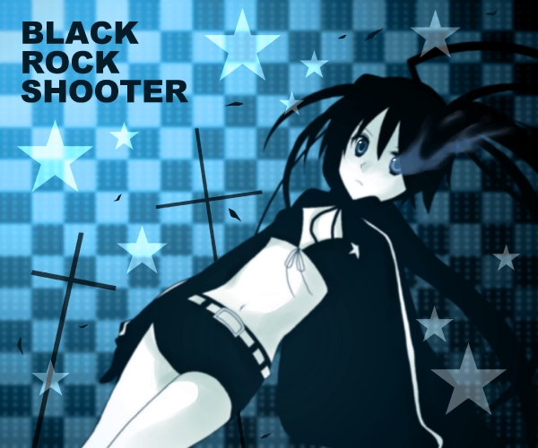 usako, black rock shooter (character), hatsune miku, black rock shooter, vocaloid, bad id, bad pixiv id, 10s, 1girl, blackâ˜…rock shooter, black hair, blue eyes, cross, female focus, latin cross, long hair, midriff, monochrome, shorts, solo, star (symbol), twintails