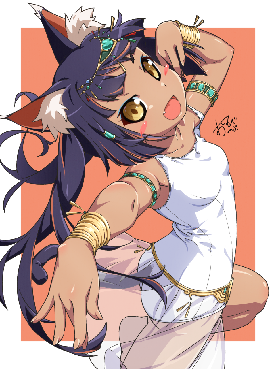 oshinobi shinobu, original, commentary request, highres, 1girl, ancient egyptian, animal ear fluff, animal ears, artist name, bare shoulders, black hair, blue eyeshadow, blush stickers, border, bracelet, breasts, cat ears, cowboy shot, dark-skinned female, dark skin, eyeshadow, fang, forehead jewel, foreshortening, from side, if you want to become a godly artist (trend), jewelry, long hair, looking at viewer, looking to the side, makeup, one-piece swimsuit, open mouth, orange background, outside border, outstretched arm, school swimsuit, simple background, skin fang, small breasts, smile, solo, swimsuit, white border, white one-piece swimsuit, yellow eyes
