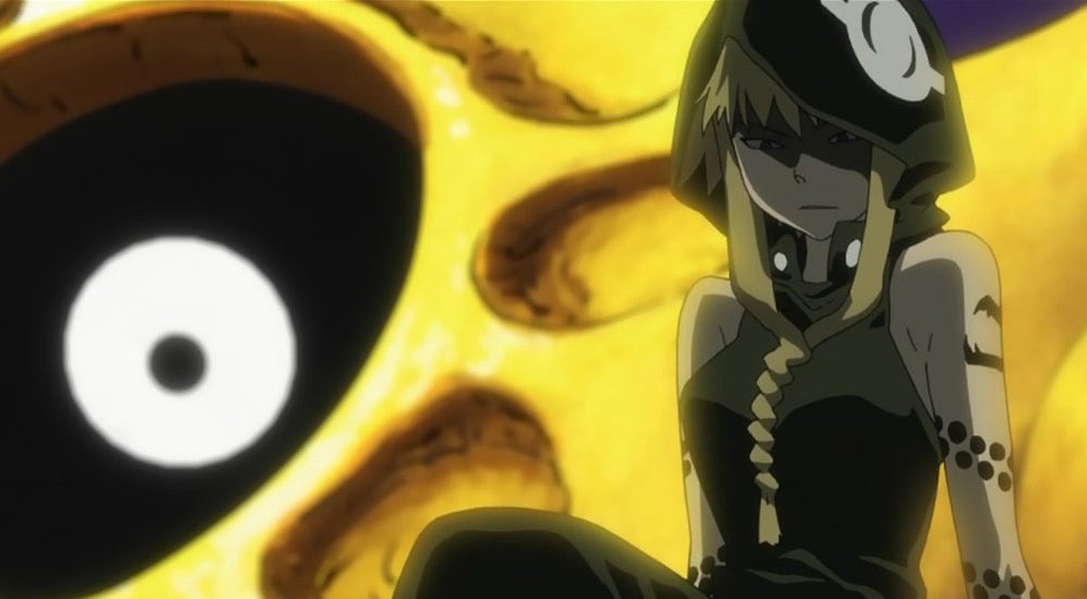 medusa (soul eater), medusa gorgon, soul eater, 00s, 1girl, black theme, blonde hair, hood, moon