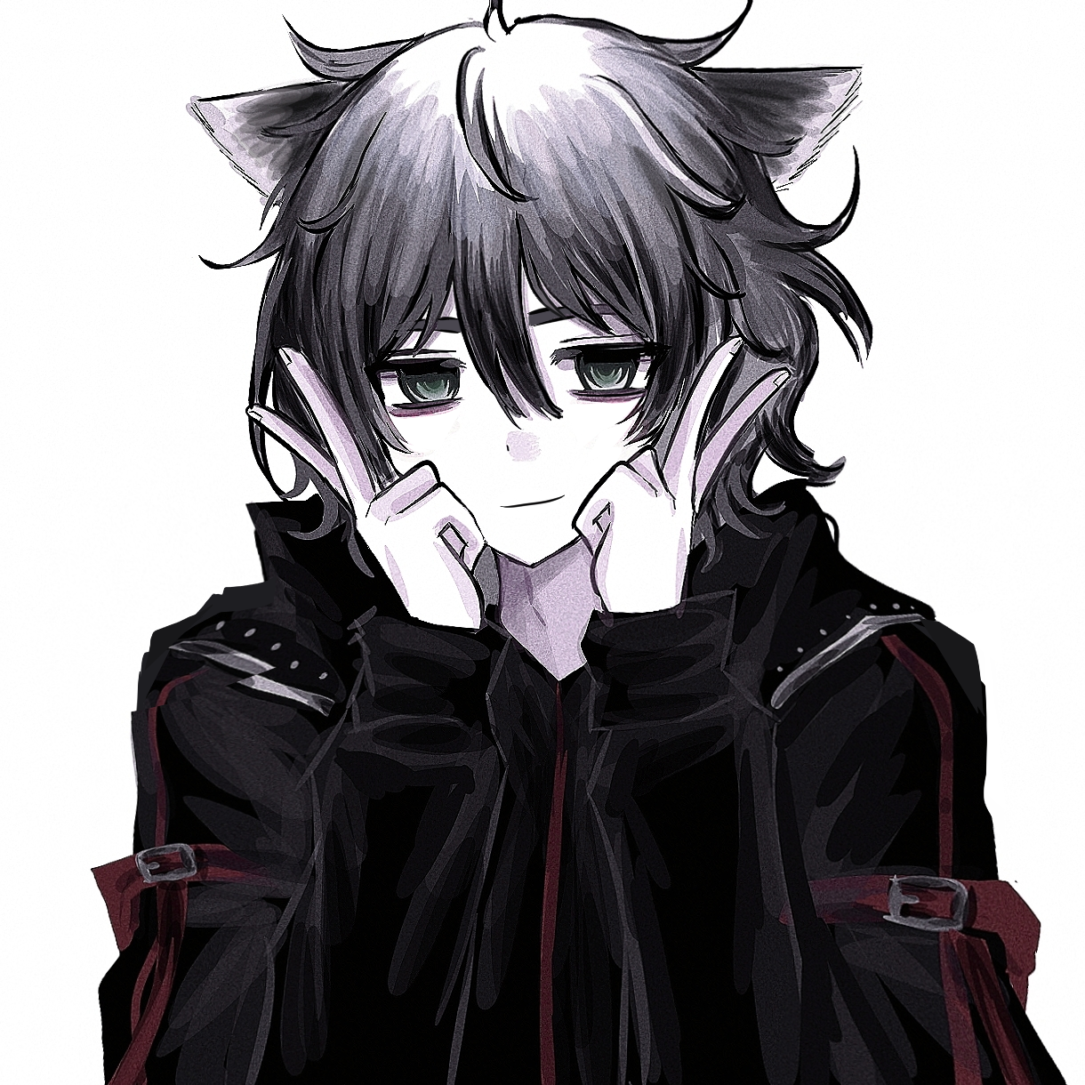 anmo418, andrew graves, the coffin of andy and leyley, commentary, highres, revision, symbol-only commentary, 1boy, ahoge, animal ears, bags under eyes, black hair, black jacket, cat boy, cat ears, closed mouth, colored skin, double-parted bangs, double v, empty eyes, film grain, fingernails, green eyes, hair between eyes, hands on own cheeks, hands on own face, hands up, hood, hood down, hooded jacket, jacket, kemonomimi mode, long sleeves, looking at viewer, male focus, puffy long sleeves, puffy sleeves, ringed eyes, short hair, simple background, smile, solo, upper body, v, white background, white skin