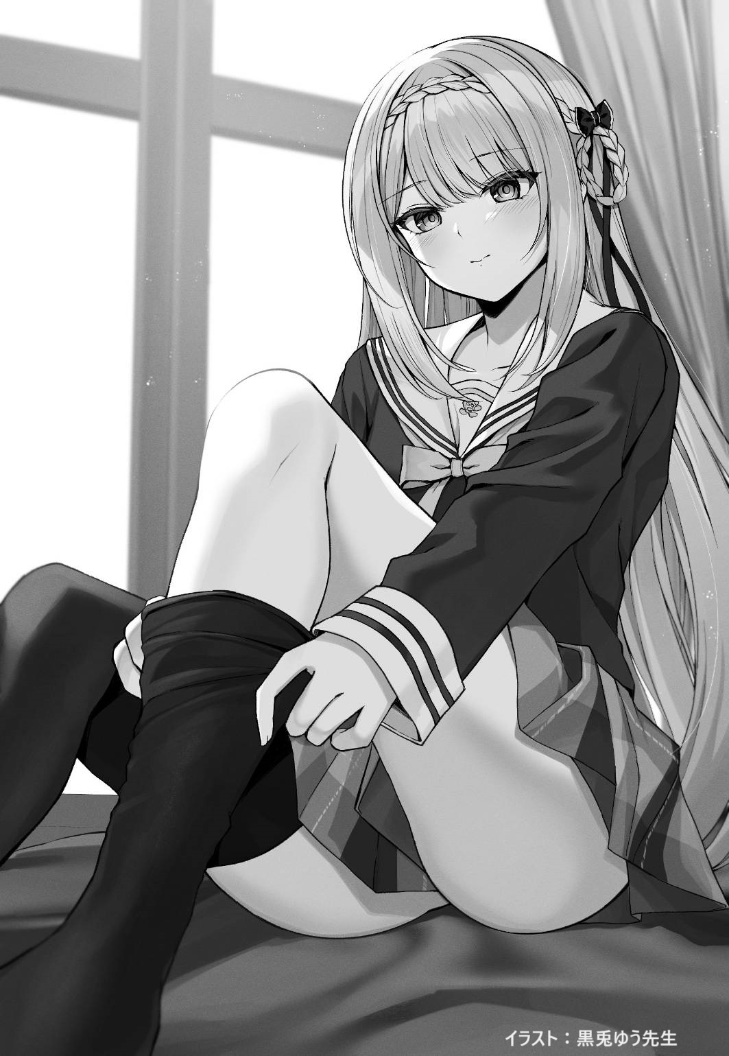 kurousagi yuu, mikoto rei, commentary request, highres, translation request, 1girl, adjusting clothes, adjusting legwear, blush, bow, bowtie, braid, braided hair rings, closed mouth, cool na megami-sama to issho ni sundara amayakashisugite ponkotsu ni shiteshimatta ken ni tsuite, crown braid, curtains, eyelashes, feet out of frame, greyscale, hair bow, hair over shoulder, hair ribbon, hair rings, knees up, long hair, long sleeves, miniskirt, monochrome, parted bangs, plaid clothes, plaid skirt, pleated skirt, ribbon, sailor collar, school uniform, serafuku, shirt, sitting, skirt, solo, straight hair, thighhighs, thighs, very long hair, window, wispy bangs