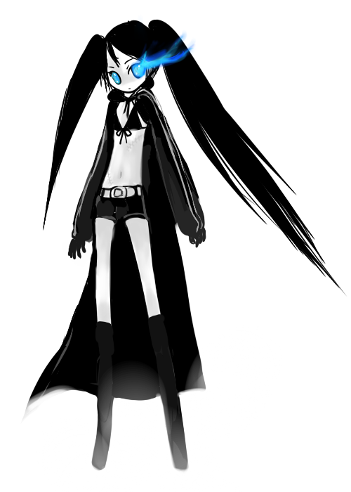doku raspberry, black rock shooter (character), black rock shooter, bad id, bad pixiv id, 10s, 1girl, blackâ˜…rock shooter, black hair, blue eyes, female focus, full body, midriff, monochrome, navel, simple background, solo, spot color, twintails