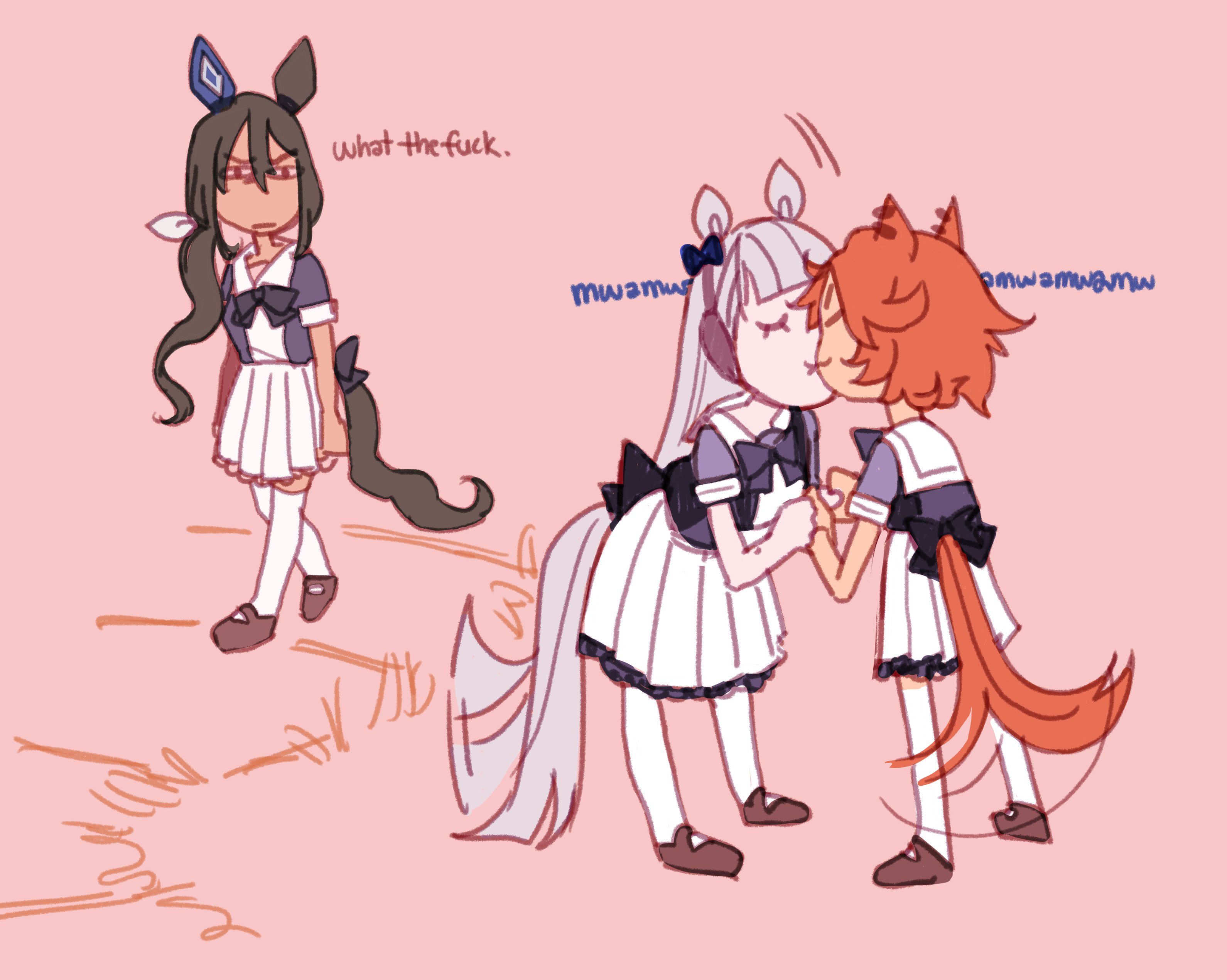 dungeonbgm, gold ship (umamusume), t.m. opera o (umamusume), umamusume, absurdres, character request, commentary, english commentary, highres, 3girls, animal ears, annoyed, bow, bowtie, brown shoes, closed eyes, closed mouth, english text, holding hands, horse ears, horse girl, horse tail, kiss, long hair, multiple girls, orange hair, pink background, pleated skirt, purple bow, purple bowtie, school uniform, shoes, short hair, simple background, skirt, tail, thighhighs, tracen school uniform, walking, white skirt, white thighhighs, yuri