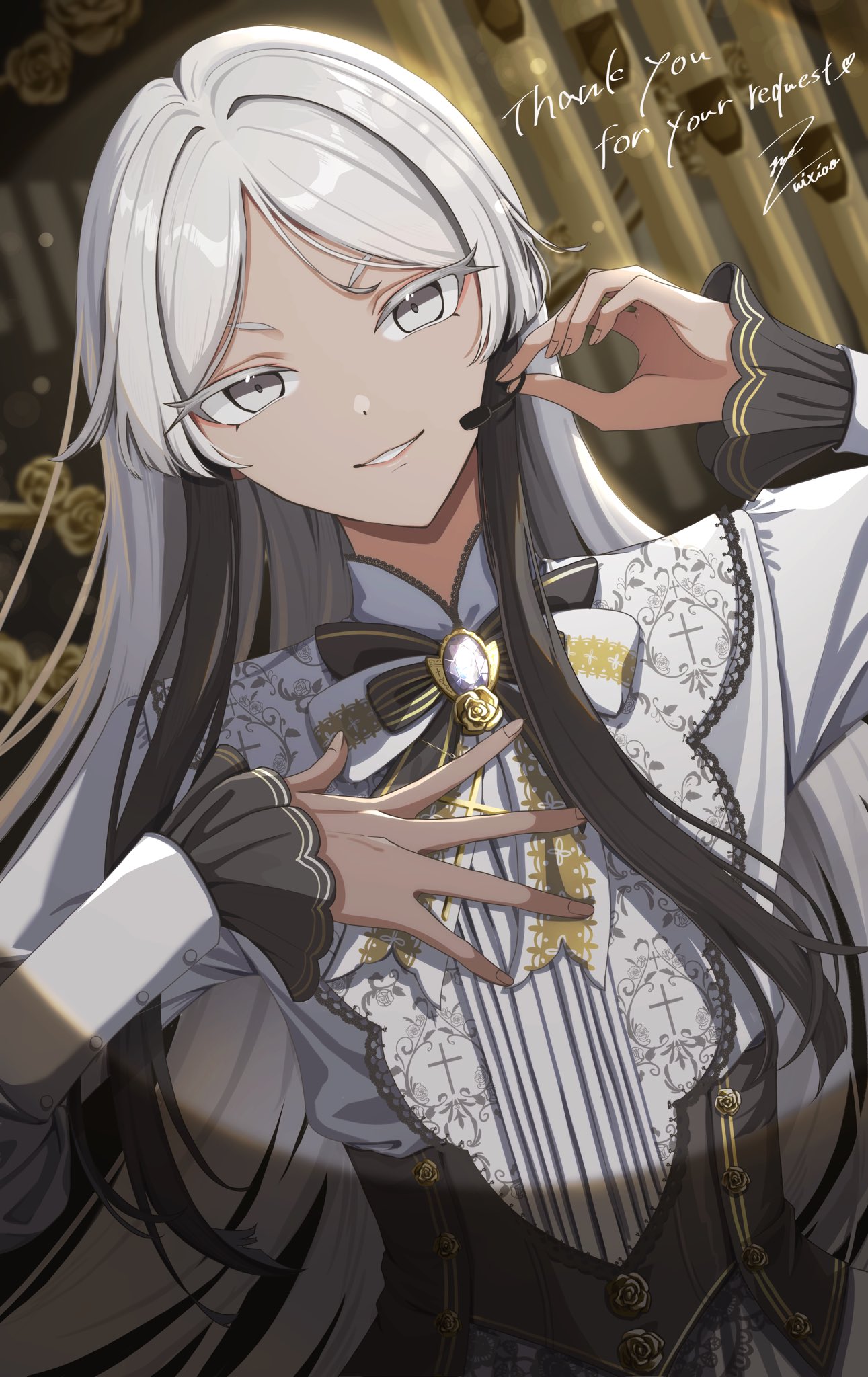 zuixiao yue, original, commission, highres, skeb commission, 1girl, black hair, bow, brooch, cross, dark-skinned female, dark skin, flower ornament, grey eyes, grey hair, headset, jewelry, long hair, long sleeves, looking at viewer, multicolored hair, parted lips, shirt, sidelocks, solo, two-tone hair, upper body, white bow, white shirt