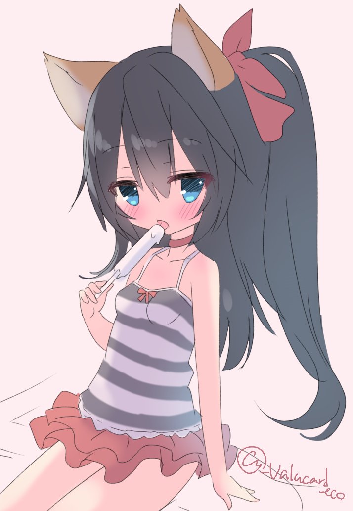 valucard eco, balulu alma, emil chronicle online, 1girl, animal ears, black hair, black shirt, blue eyes, bow, breasts, choker, food, frilled skirt, frills, hair bow, holding, holding food, holding popsicle, medium breasts, open mouth, ponytail, popsicle, red bow, red choker, red skirt, shirt, skirt, sleeveless, sleeveless shirt, solo, striped clothes, striped shirt, twitter username, white shirt