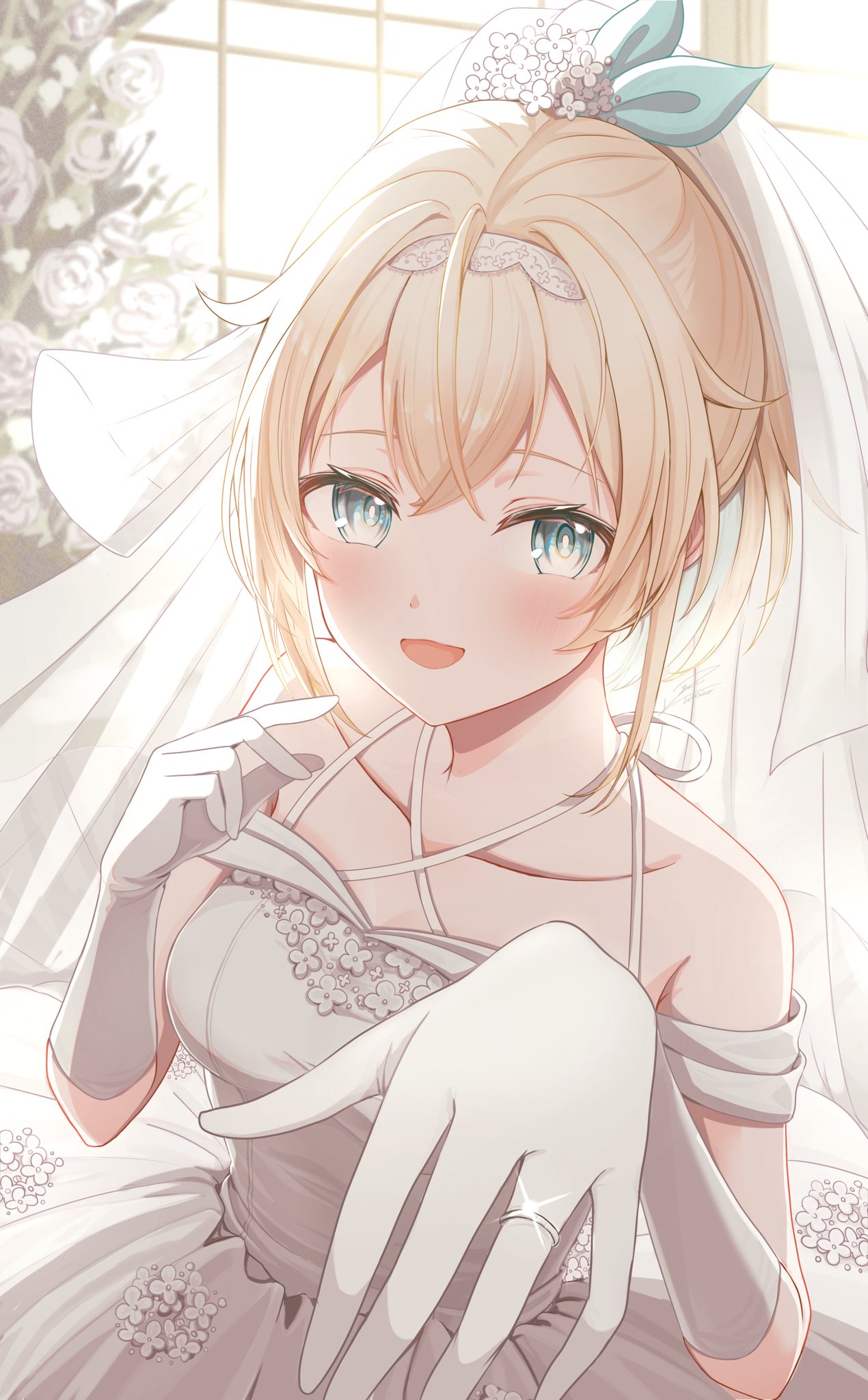 zuixiao yue, kazama iroha, hololive, highres, 1girl, aqua eyes, bare shoulders, blonde hair, blush, bridal veil, collarbone, dress, gloves, jewelry, looking at viewer, medium hair, open mouth, ring, sleeveless, sleeveless dress, solo, upper body, veil, virtual youtuber, wedding, wedding dress, wedding ring, white dress, white gloves