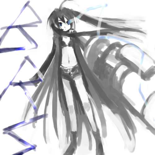 fujikawa sakuya, black rock shooter (character), hatsune miku, black rock shooter, vocaloid, lowres, 10s, 1girl, arm cannon, black hair, blacku00e2u02dcu2026rock shooter, blue eyes, female focus, midriff, monochrome, navel, solo, spot color, twintails, weapon