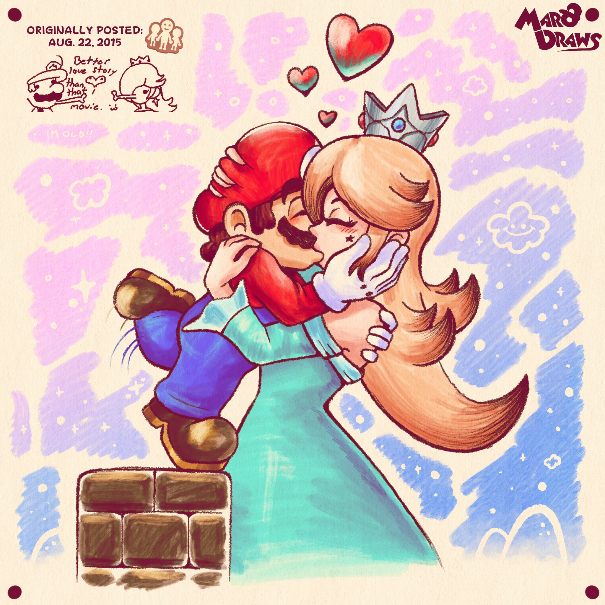 mario, rosalina, mario (series), nintendo, super mario galaxy, highres, 1boy, 1girl, artist name, blue dress, blush, brown hair, crown, dress, facial hair, gloves, hair over one eye, hat, heart, height difference, hug, kiss, long hair, mustache, overalls, spoken heart