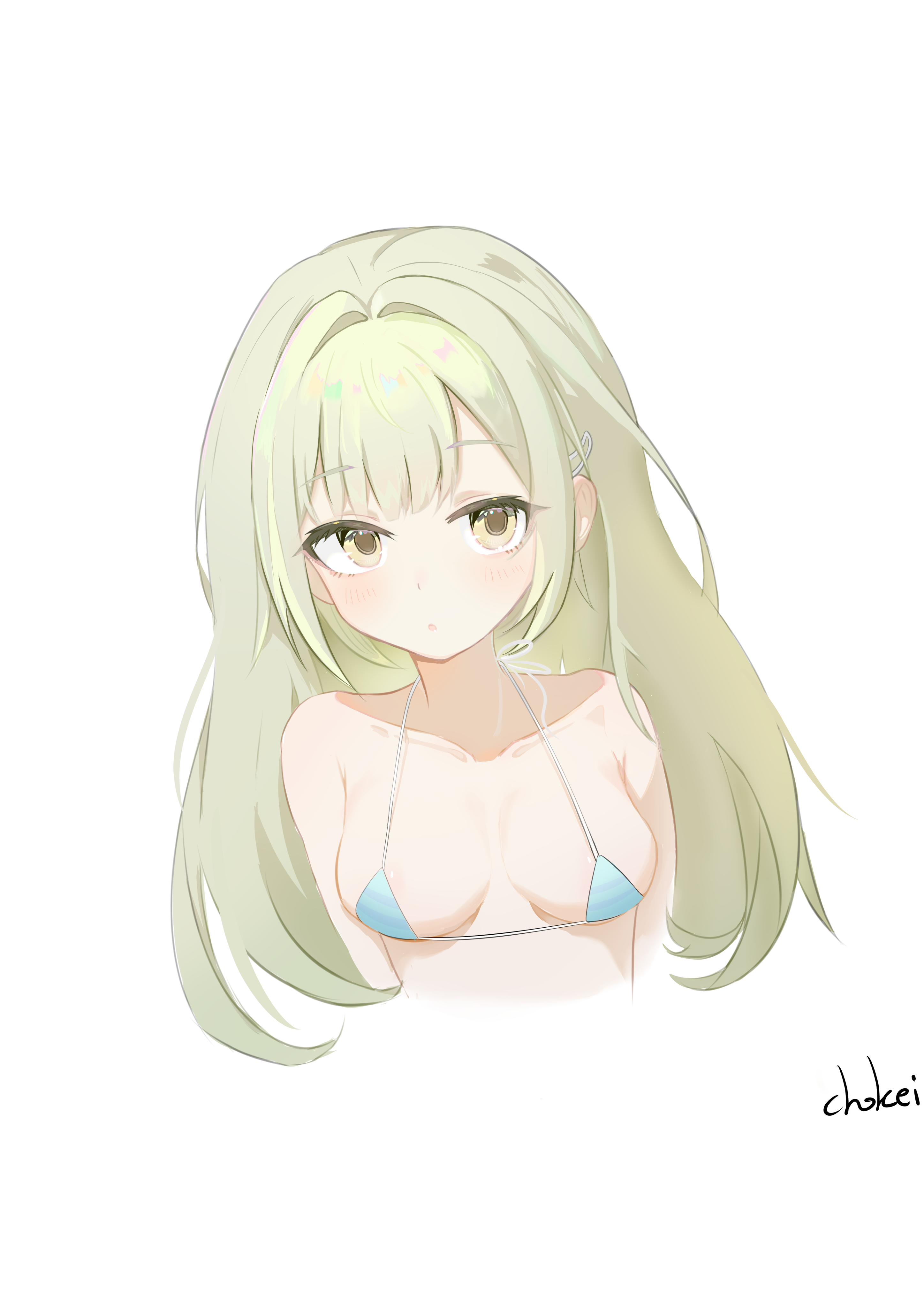 chokei, wakaba mutsumi, bang dream!, bang dream! it's mygo!!!!!, absurdres, highres, 1girl, :o, bikini, blush, breasts, breasts apart, collarbone, green hair, hair intakes, hair ornament, hairclip, halterneck, long hair, looking at viewer, medium breasts, micro bikini, multicolored hair, simple background, solo, streaked hair, swimsuit, white background, yellow eyes