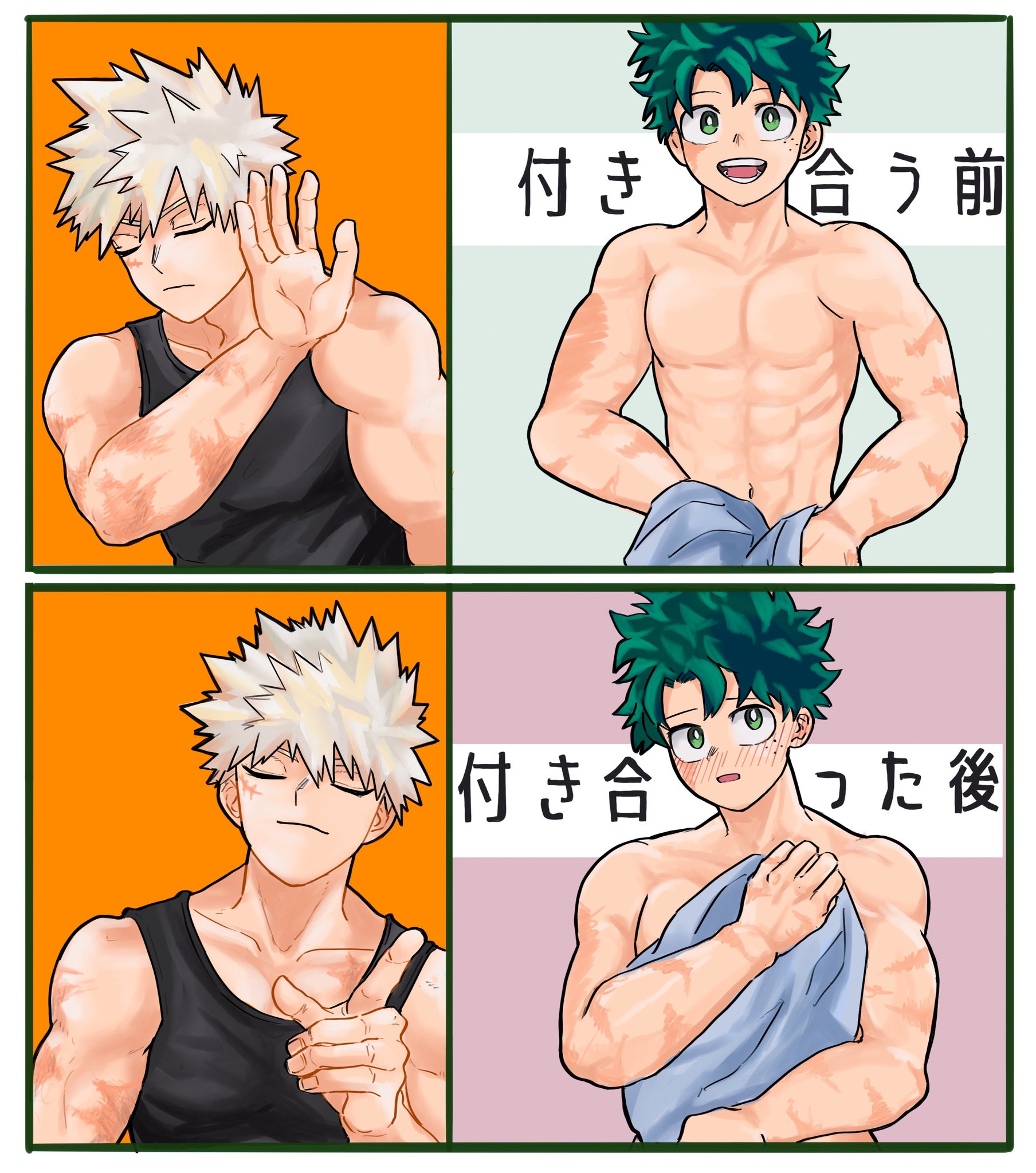 mort1713, bakugou katsuki, midoriya izuku, boku no hero academia, highres, abs, bakudeku, blonde hair, drakeposting (meme), freckles, green eyes, green hair, no shirt, pectorals, scar, shirt, smile, spiked hair