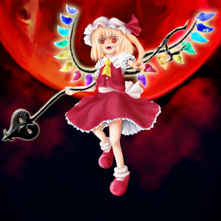 tenetene, tntn, flandre scarlet, touhou, 1girl, blonde hair, blouse, female focus, hat, laevatein, mob cap, red eyes, red shoes, shirt, shoes, socks, solo, white hat, white shirt, white socks, wings