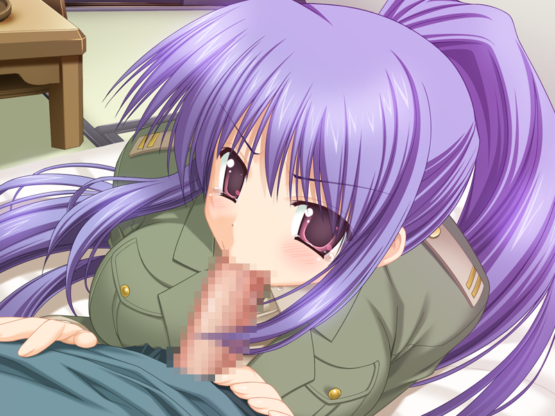 goma satoshi, hayashida ritsuko, game cg, 1boy, 1girl, :>=, blush, breasts, buttons, fellatio, large breasts, long hair, military, military uniform, oral, oshiete miko sensei (series), oshiete miko sensei ni gaiden harem hen, penis, ponytail, pov, purple hair, red eyes, solo focus, tatami, very long hair