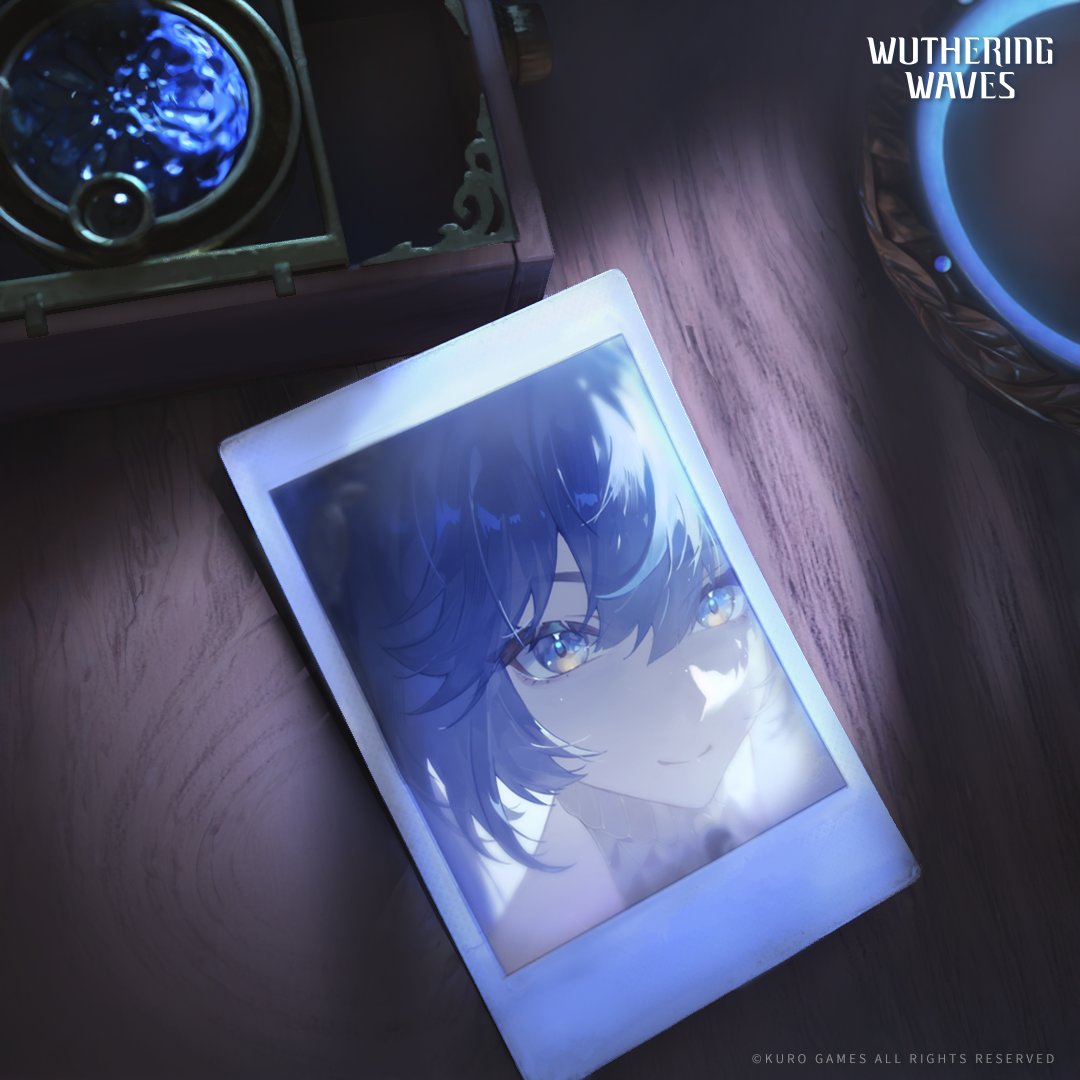 iuno (wuthering waves), wuthering waves, commentary, english commentary, official art, 1girl, blue eyes, blue hair, closed mouth, copyright notice, logo, looking at viewer, photo (object), portrait, smile, solo