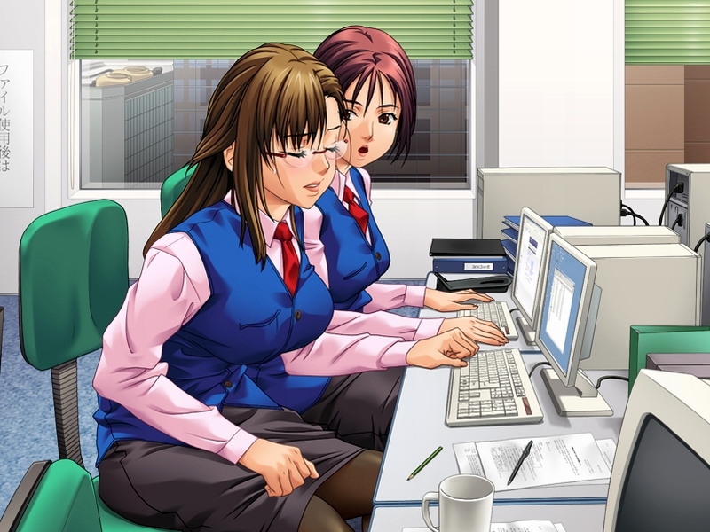 g kilo-byte, hinuma ryouko, kairaku izonshou, game cg, source request, 2girls, brown eyes, brown hair, city, closed eyes, computer, computer keyboard, glasses, multiple girls, necktie, office, office lady, pantyhose, pencil skirt, skirt, vest