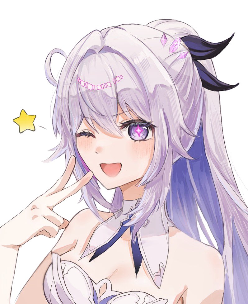 kiana kaslana, kiana kaslana (apho), kiana kaslana (herrscher of finality), honkai (series), honkai impact 3rd, commentary request, 1girl, ;), bare shoulders, blue eyes, breasts, cleavage, dress, large breasts, long hair, looking at viewer, official alternate costume, one eye closed, pamo paru, ponytail, simple background, smile, solo, star-shaped pupils, star (symbol), symbol-shaped pupils, upper body, v, very long hair, white background, white dress, white hair