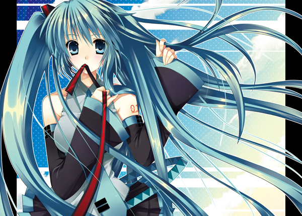 sakura hanpen, hatsune miku, sakura sakura, vocaloid, tagme, long hair, ribbon, solo, tattoo, very long hair