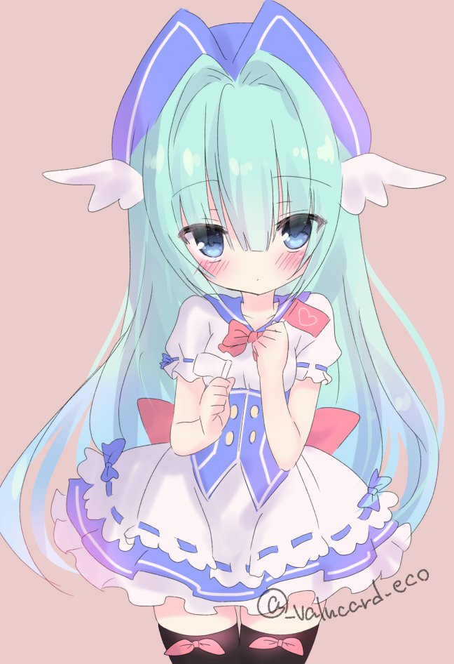 valucard eco, emil chronicle online, 1girl, black thighhighs, blue corset, blue eyes, blue hat, blush, breasts, corset, dress, flag, fly fish alma, frilled dress, frills, green hair, hat, head wings, holding, holding flag, long hair, looking at viewer, red ribbon, ribbon, sailor collar, small breasts, solo, thighhighs, twitter username, white dress, white wings, wings