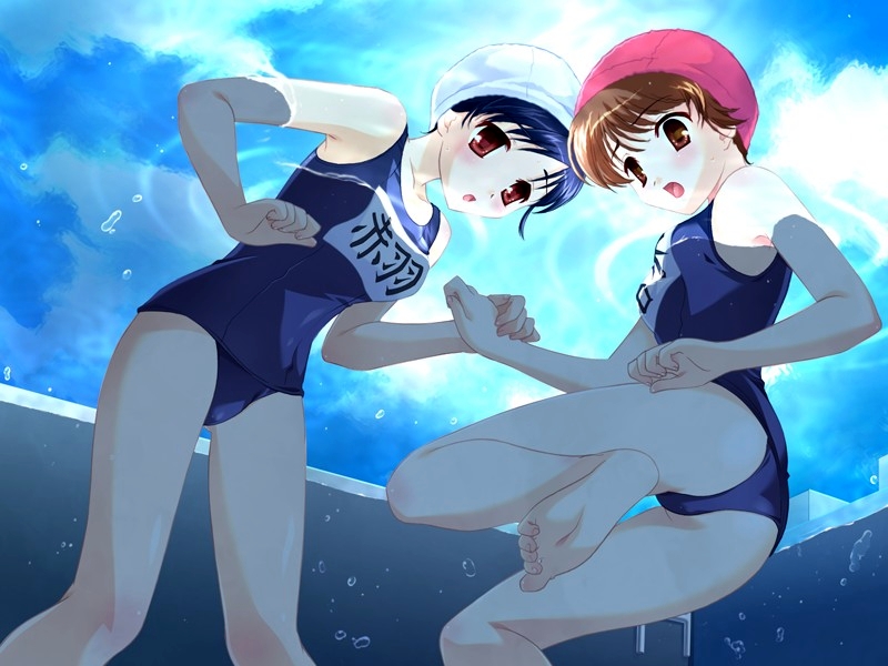 anko koubou, akaba komane, saiinjutsushi, game cg, source request, 2girls, :o, armpits, barefoot, blue hair, brown eyes, brown hair, bubble, cloud, day, feet, flat chest, from below, looking down, looking up, multiple girls, name tag, one-piece swimsuit, outdoors, partially submerged, pool, pool ladder, red eyes, ripples, school swimsuit, sky, soles, swim cap, swimming, swimsuit, underwater, water