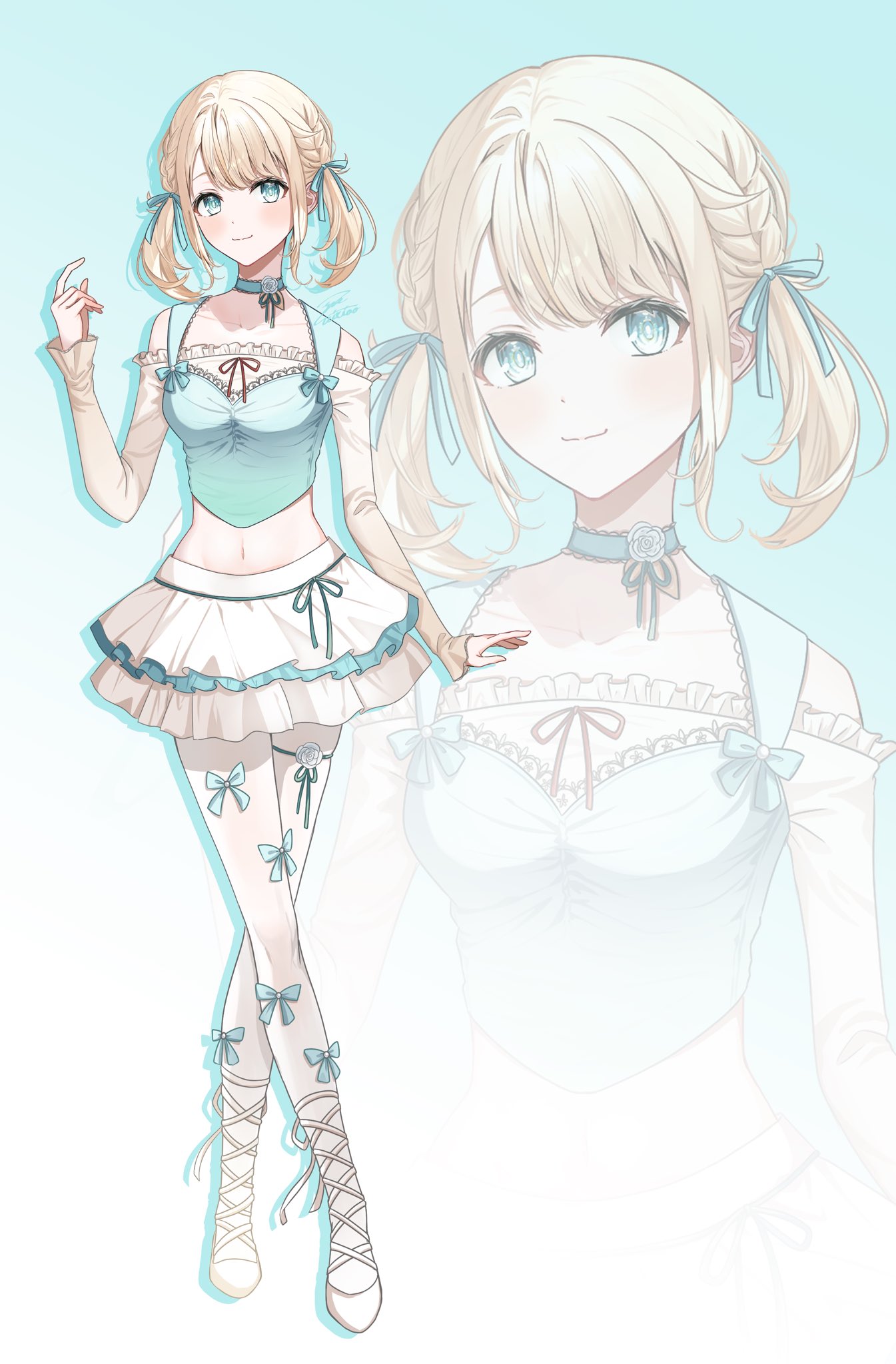 zuixiao yue, kazama iroha, hololive, highres, 1girl, alternate costume, aqua eyes, blonde hair, crop top, full body, layered skirt, long sleeves, looking at viewer, medium hair, midriff, navel, pantyhose, shirt, shoes, skirt, solo, standing, virtual youtuber, white pantyhose, white shirt, white shoes, white skirt, zoom layer