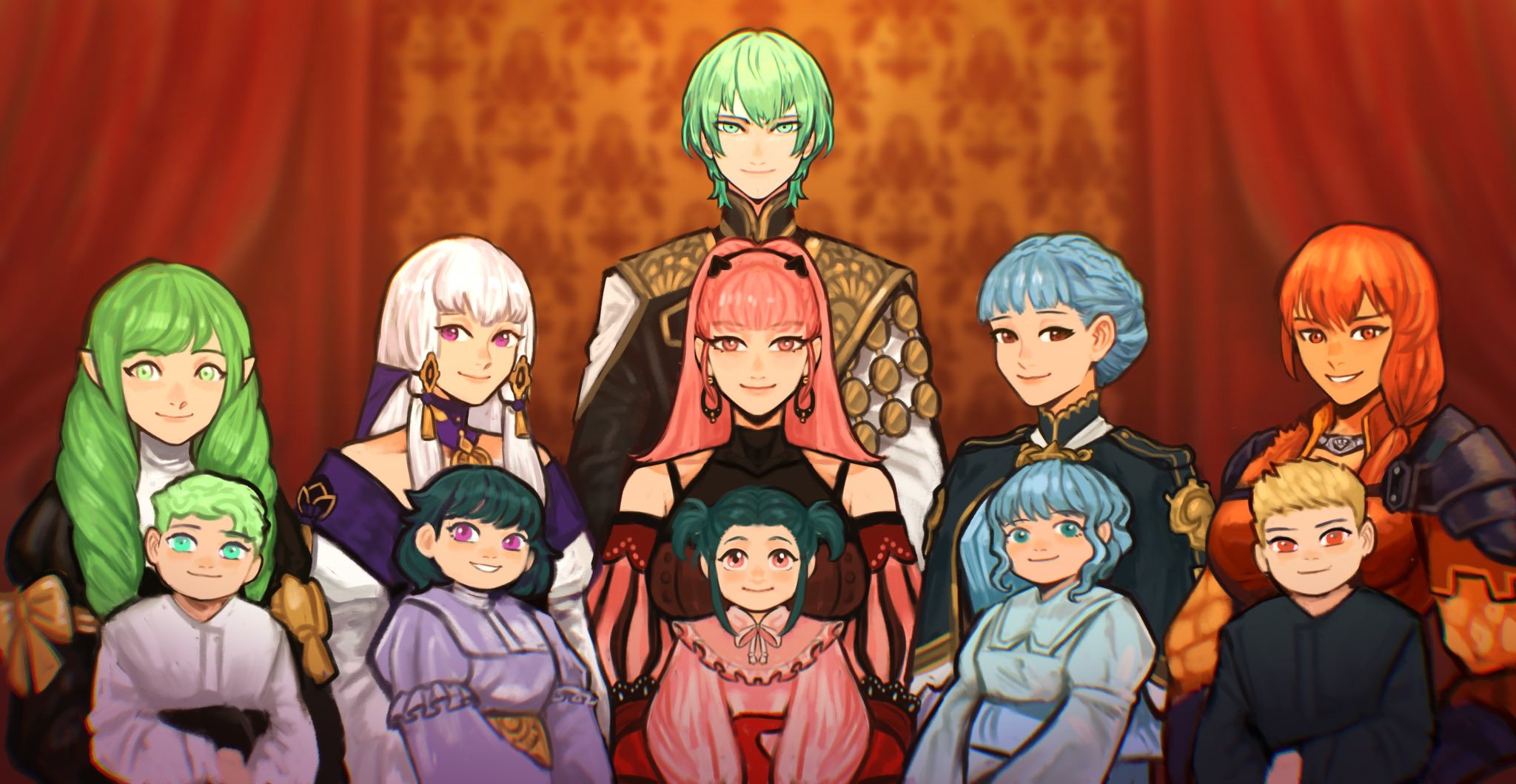 sethkiel, flayn (fire emblem), hilda valentine goneril, hilda valentine goneril (timeskip), leonie pinelli, leonie pinelli (timeskip), lysithea von ordelia, lysithea von ordelia (timeskip), male byleth (enlightened) (fire emblem), male byleth (fire emblem), male byleth (the fodlan star) (fire emblem), marianne von edmund, marianne von edmund (timeskip), fire emblem, fire emblem: three houses, nintendo, highres, 3boys, 6+girls, armor, black shirt, blonde hair, blue hair, breasts, brother and sister, brothers, brown eyes, closed mouth, family, family portrait, father and daughter, father and son, green eyes, green hair, half-siblings, harem, if they mated, long hair, looking at viewer, medium breasts, mother and daughter, mother and son, multiple boys, multiple girls, orange eyes, orange hair, pink hair, pointy ears, purple eyes, shirt, short hair, shoulder armor, siblings, sisters, smile, twintails, white hair