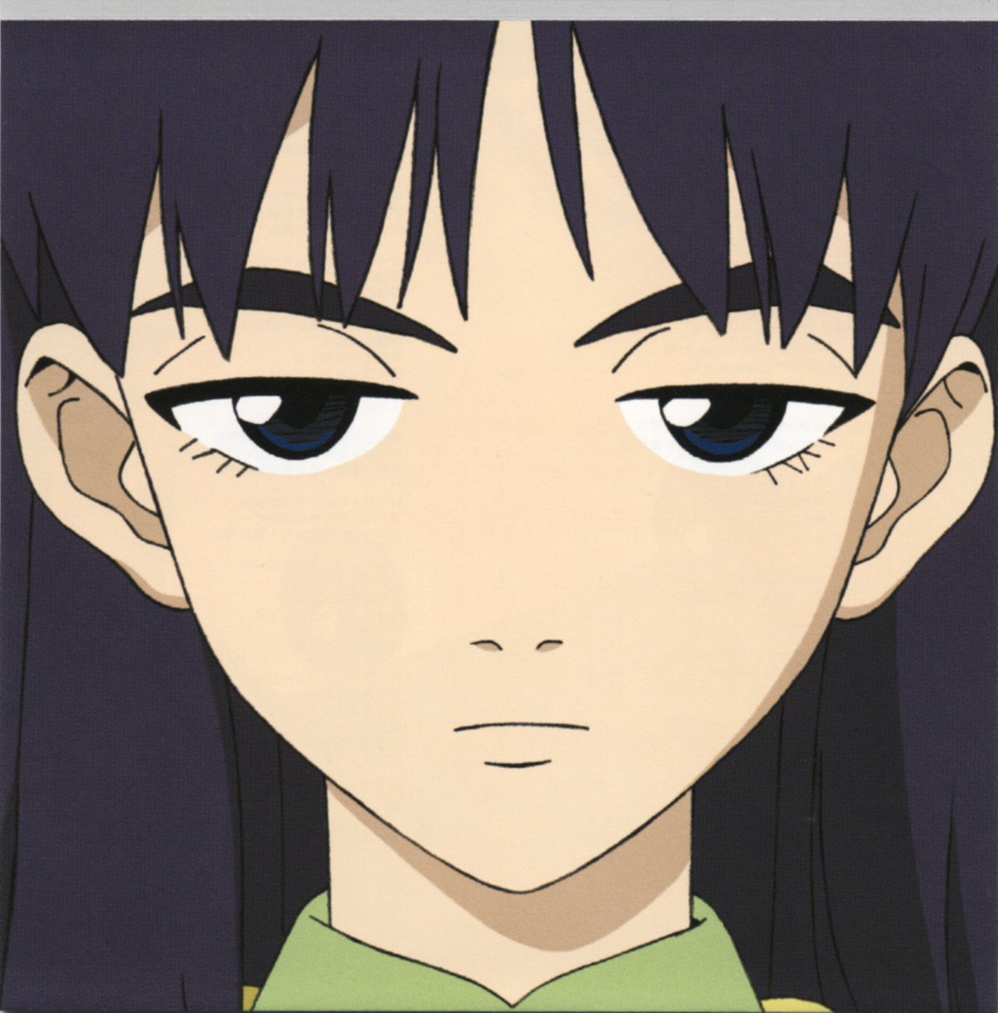 ninamori eri, flcl, highres, scan, 00s, 1girl, extra ears, female focus, hair between eyes, looking at viewer, portrait, purple hair, serious, solo