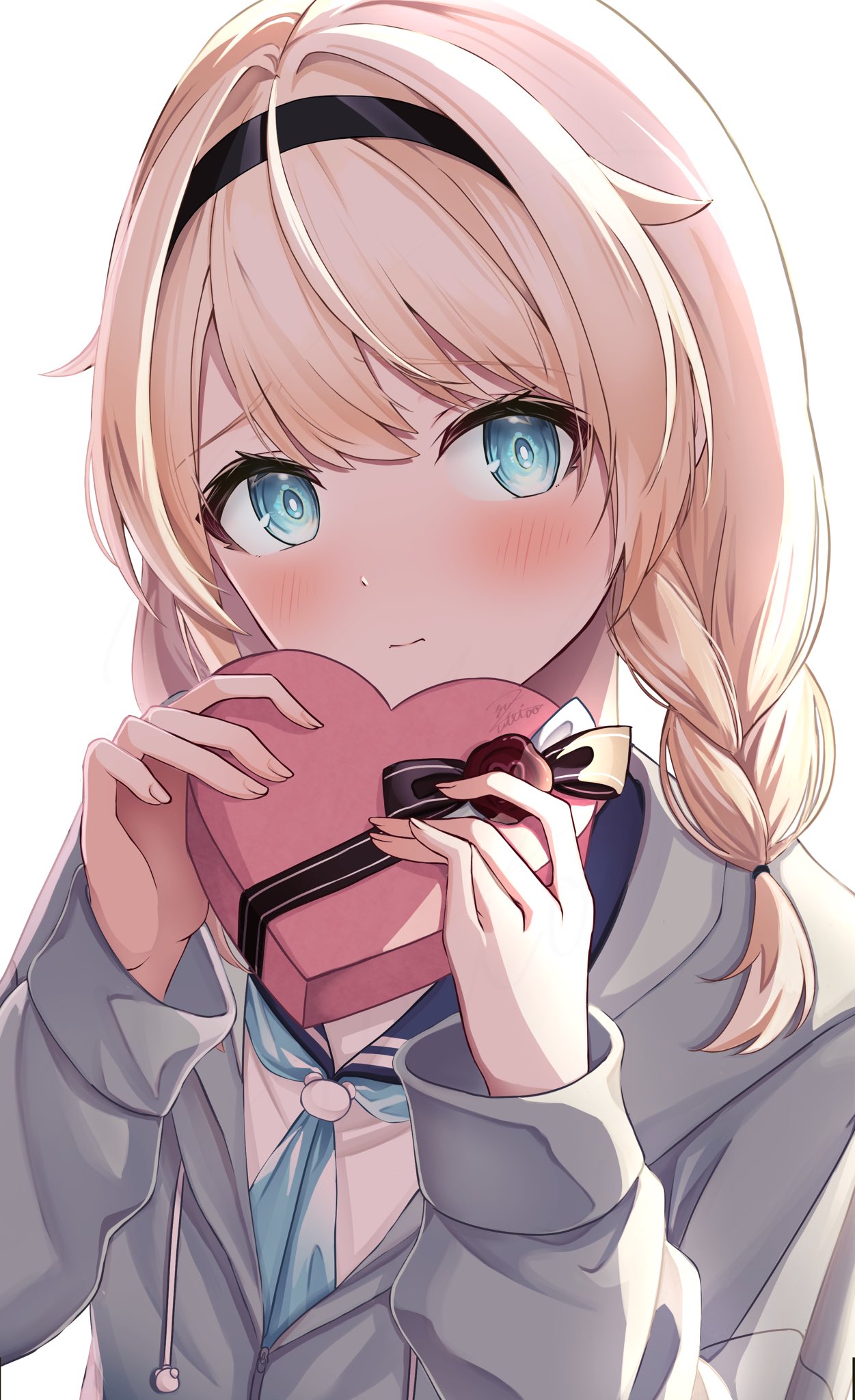 zuixiao yue, kazama iroha, kazama iroha (school uniform), hololive, highres, 1girl, aqua eyes, black hairband, blonde hair, blue neckerchief, blue sailor collar, blush, box, grey jacket, hairband, heart-shaped box, jacket, looking at viewer, medium hair, neckerchief, official alternate costume, sailor collar, school uniform, shirt, sidelighting, simple background, solo, upper body, valentine, virtual youtuber, white background, white shirt