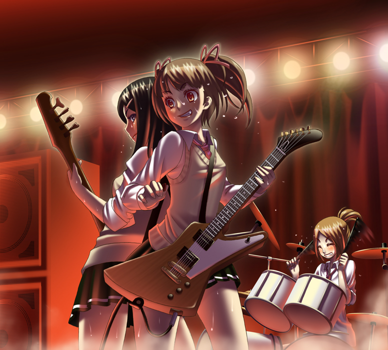 terumii, original, bad id, bad pixiv id, 3girls, band (music), bass guitar, between breasts, black hair, breasts, brown hair, drum, drum set, electric guitar, gibson explorer, guitar, hair ribbon, instrument, long hair, multiple girls, ribbon, school uniform, serafuku, strap between breasts, sweat, twintails