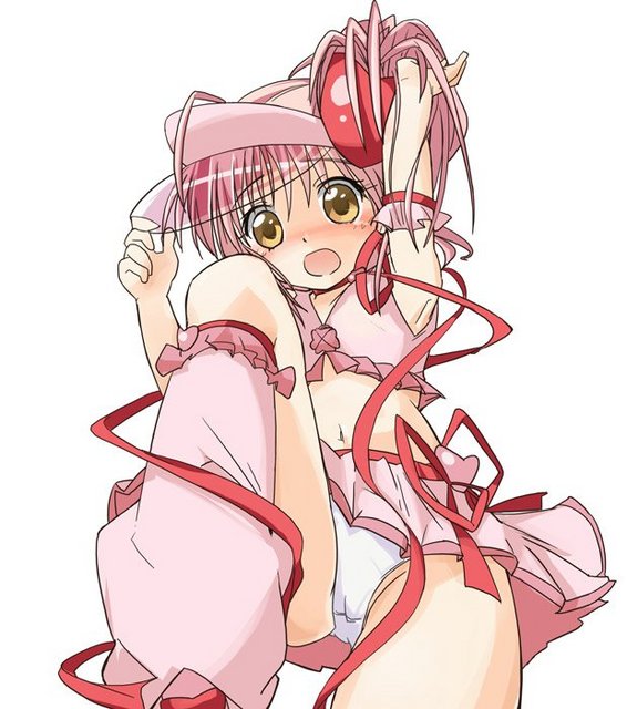 ixy, amulet heart, hinamori amu, shugo chara!, pink footwear, 1girl, blush, boots, flat chest, loose socks, magical girl, navel, panties, pantyshot, pink hair, socks, solo, underwear, yellow eyes