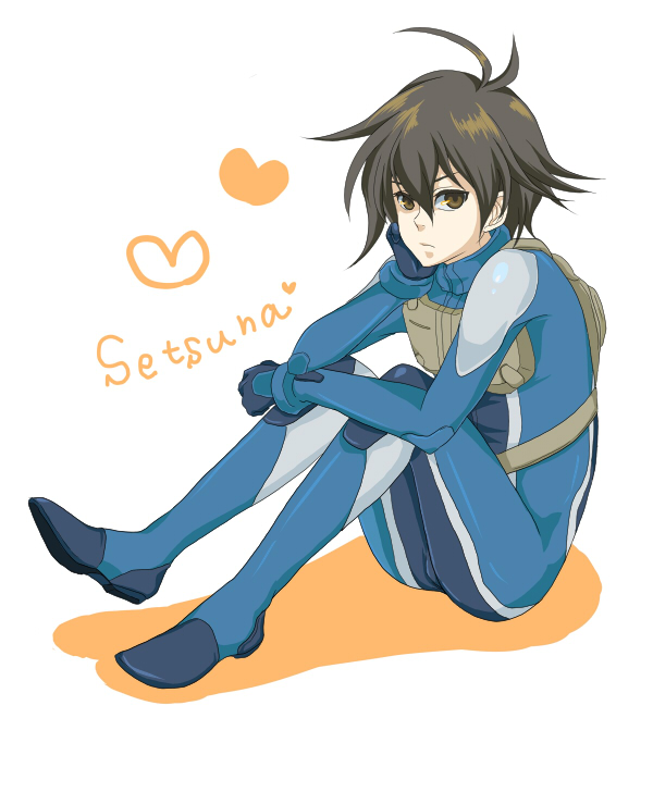 setsuna f. seiei, gundam, gundam 00, uniform, 00s, 1boy, antenna hair, armor, black hair, bodysuit, breastplate, brown eyes, brown hair, bulge, character name, closed mouth, expressionless, hair between eyes, head rest, heart, knees up, male focus, sitting, skin tight, solo
