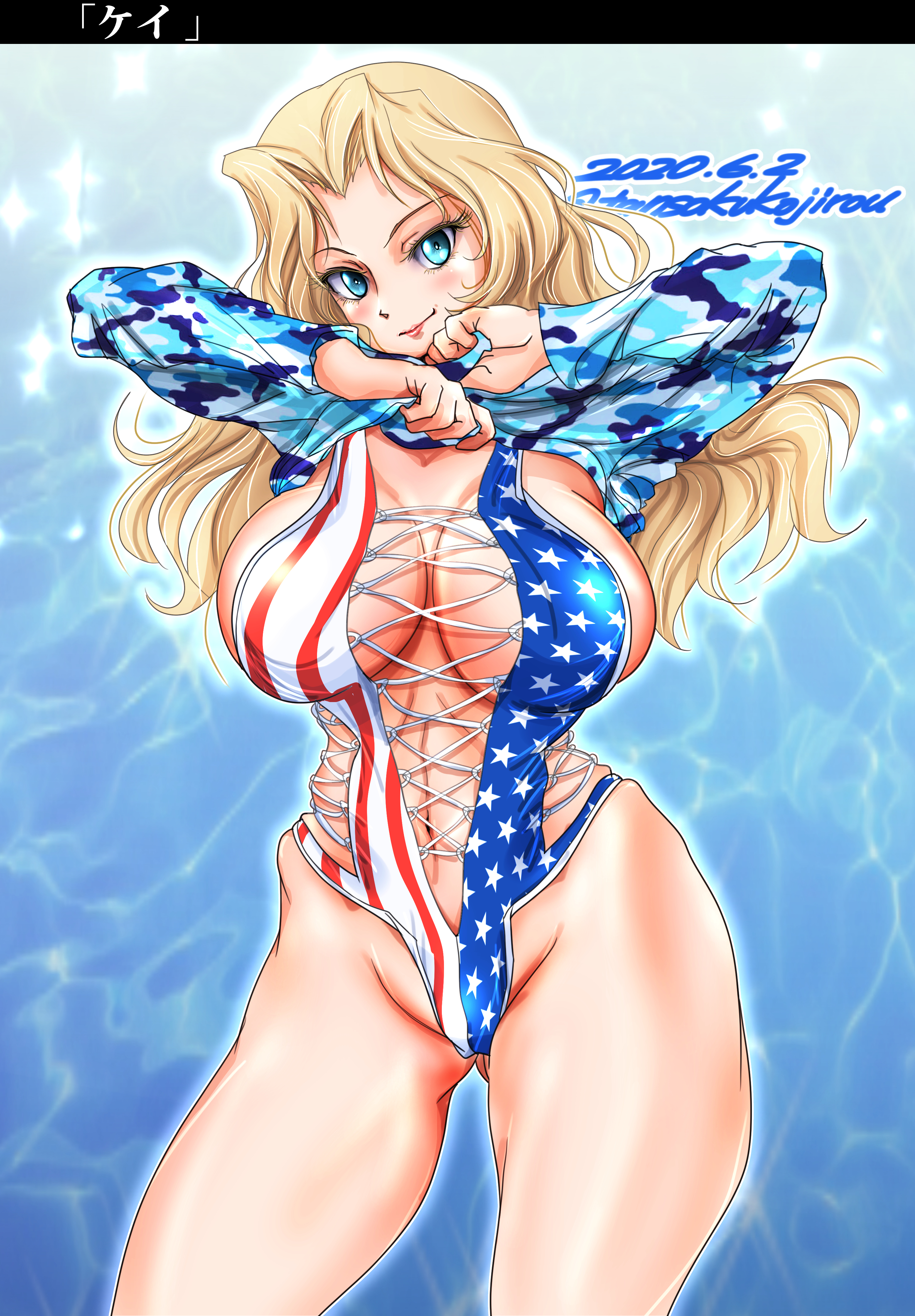 tomokoji, kay (girls und panzer), girls und panzer, absurdres, highres, 1girl, 2020, american flag, american flag print, blonde hair, blue background, blue eyes, blush, breasts, cameltoe, competition swimsuit, corset, dated, flag print, huge breasts, jacket, large breasts, long hair, navel, ocean print, one-piece swimsuit, sideboob, star (symbol), star print, swimsuit, undressing