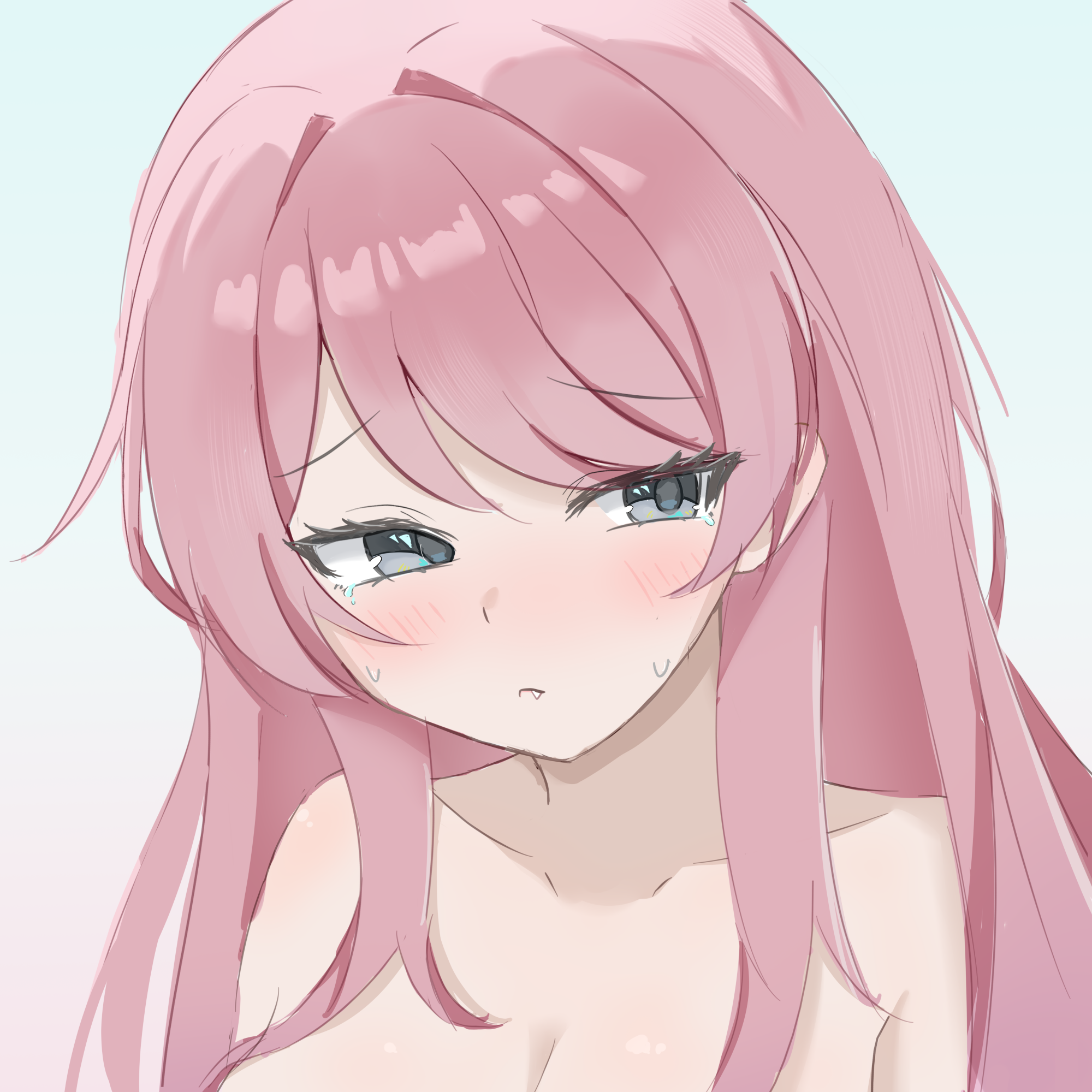 chokei, chihaya anon, bang dream!, bang dream! it's mygo!!!!!, highres, 1girl, :<, armpit crease, asymmetrical bangs, blush, breasts, cleavage, collarbone, fang, grey eyes, hair intakes, hair over shoulder, large breasts, long hair, looking to the side, nude, pink hair, simple background, solo, sweatdrop, swept bangs