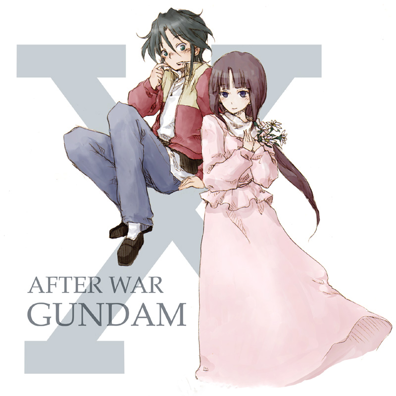 icaro, garrod ran, tiffa adill, after war gundam x, gundam, 1boy, 1girl, black hair, brown hair, copyright name, dress, flower, pink dress, text focus