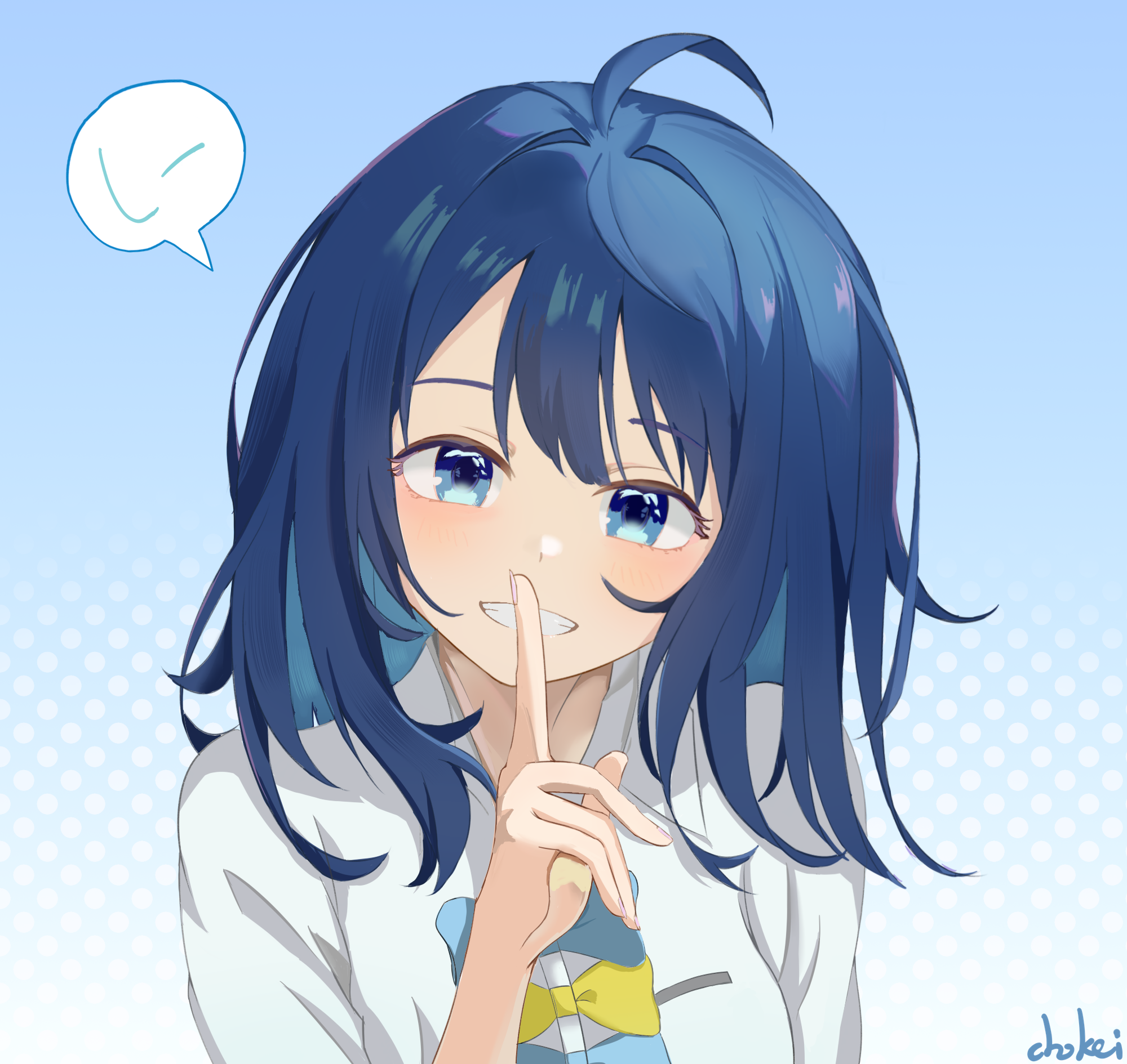 chokei, yanami anna, make heroine ga oo sugiru!, highres, 1girl, ahoge, asymmetrical bangs, blue eyes, blue hair, blush, bow, bowtie, finger to mouth, gradient background, hand up, looking at viewer, medium hair, messy hair, polka dot, polka dot background, shirt, simple background, smile, solo, teeth, white shirt