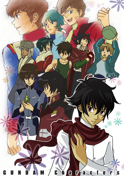 densuke (chachacha), amuro ray, domon kasshu, garrod ran, haro, heero yuy, judau ashta, kamille bidan, kira yamato, loran cehack, setsuna f. seiei, shinn asuka, uso evin, uso ewin, zz gundam, after war gundam x, g gundam, gundam, gundam 00, gundam seed, gundam seed destiny, gundam wing, gundam zz, mobile suit gundam, turn a gundam, victory gundam, zeta gundam, silver hair, 00s, 1990s (style), 6+boys, black hair, brown hair, crossover, green hair, hat, headband, in-franchise crossover, male focus, military, military uniform, multiple boys, one eye closed, red eyes, retro artstyle, scar, scarf, tank top, thumbs up, wink