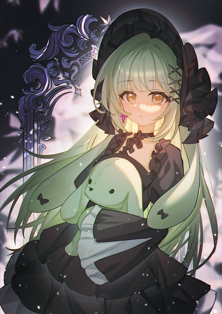 wakaba mutsumi, wakaba mutsumi (marionette's id), arknights, bang dream!, bang dream! it's mygo!!!!!, 1girl, animal ears, black bonnet, black bow, black choker, black dress, bonnet, bow, choker, closed mouth, cowboy shot, dress, floppy ears, frilled dress, frills, gothic lolita, green hair, hair ornament, holding, holding stuffed toy, kanjian wo de jiangyoule ma, lolita fashion, long hair, long sleeves, looking at viewer, mirror, rabbit ears, rabbit girl, sidelocks, solo, standing, stuffed animal, stuffed rabbit, stuffed toy, x hair ornament, yellow eyes