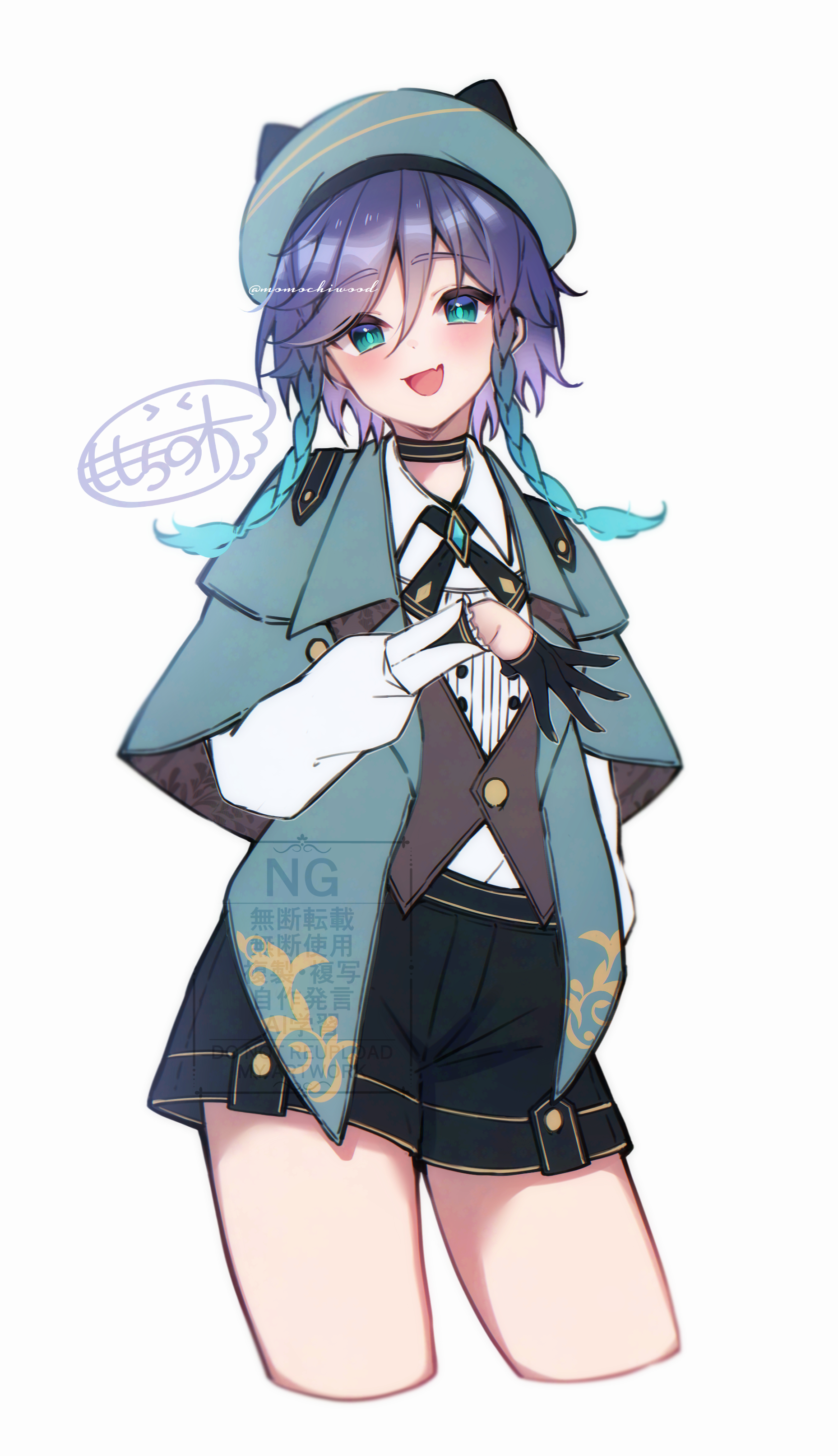momochiwood, venti (genshin impact), genshin impact, absurdres, highres, 1boy, aqua capelet, aqua eyes, aqua hair, artist name, black choker, black gloves, black shorts, blue hair, braid, capelet, choker, cowboy shot, dot nose, fang, finger cots, gloves, gradient eyes, gradient hair, green eyes, long sleeves, male focus, medium hair, multicolored eyes, multicolored hair, open mouth, shirt, shorts, signature, skin fang, solo, streaked hair, trap, twin braids, vest, watermark, white background, white shirt
