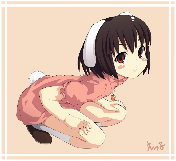 ettamu, inaba tewi, touhou, bad id, bad pixiv id, 1girl, animal ears, black hair, blush stickers, border, brown hair, female focus, hands on own knees, rabbit ears, rabbit girl, rabbit tail, red eyes, short hair, signature, simple background, smile, solo, squatting, tail