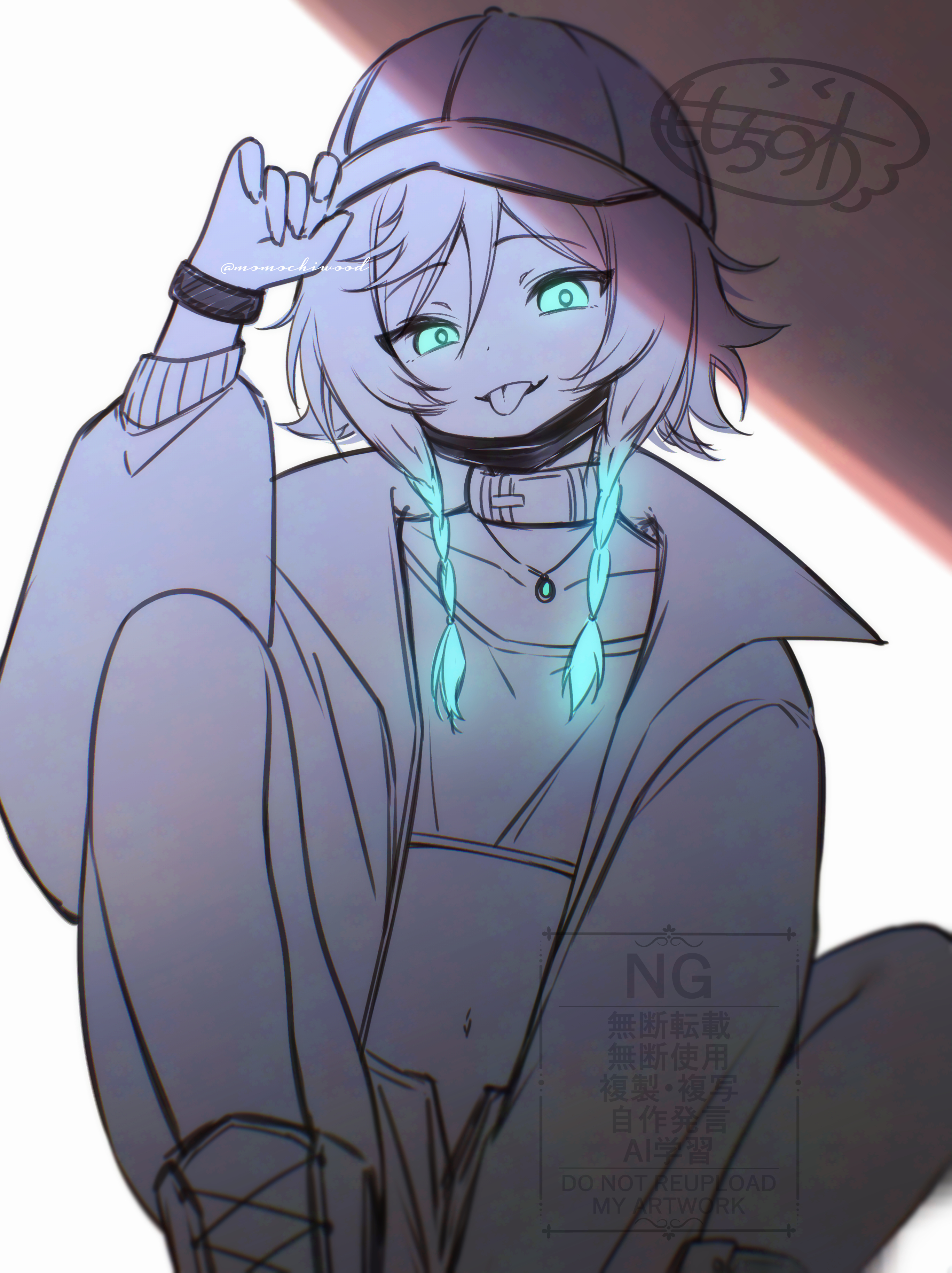 momochiwood, venti (genshin impact), genshin impact, absurdres, highres, 1boy, aqua eyes, aqua hair, artist name, baseball cap, bra, braid, choker, collarbone, crossdressing, crossdressing (mtf), dot nose, fingernails, gradient eyes, green eyes, hat, jacket, jewelry, limited palette, long fingernails, male focus, mask, mask around neck, medium hair, midriff, multicolored eyes, multicolored hair, navel, necklace, shoes, shorts, signature, sitting, solo, streaked hair, tongue, tongue out, trap, twin braids, underwear, watermark, wristband