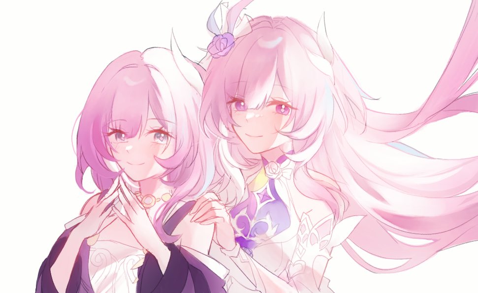 cherlinq, cyrene (honkai: star rail), cyrene (ripples of past reverie) (honkai: star rail), honkai: star rail, honkai (series), commentary, 2girls, bare shoulders, blue eyes, breasts, coat, cyrene (aedes elysiae) (honkai: star rail), dress, dual persona, flower, hair flower, hair ornament, hand on another's shoulder, jewelry, looking at viewer, multicolored hair, multiple girls, necklace, pink hair, purple coat, purple eyes, short hair, simple background, small breasts, smile, two-tone hair, white background, white dress, white hair