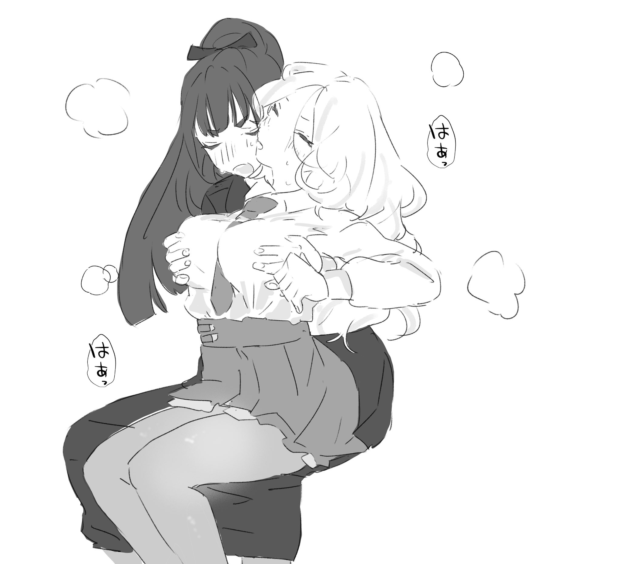 nanashisanhvbn, amaya tsubame, juo sena, gakuen idolmaster, idolmaster, commentary, highres, 2girls, between breasts, blush, breasts, breath, closed eyes, collared shirt, grabbing another's breast, grabbing from behind, greyscale, groping, long hair, monochrome, multiple girls, necktie, necktie between breasts, open mouth, pantyhose, pleated skirt, ponytail, school uniform, shirt, sitting, sitting on lap, sitting on person, skirt, speech bubble, sweat, yuri