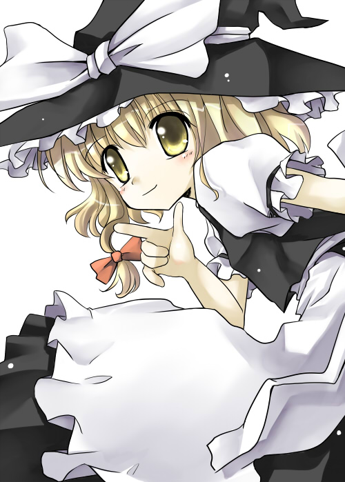 yuugiri (artist), yuugiri (u-slash), kirisame marisa, touhou, 1girl, apron, blonde hair, bow, braid, female focus, frills, hair bow, hat, puffy short sleeves, puffy sleeves, short hair, short sleeves, simple background, single braid, solo, vest, waist apron, white background, witch hat