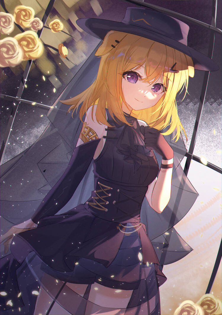 misumi uika, misumi uika (caged singer), arknights, bang dream!, bang dream! it's mygo!!!!!, 1girl, animal ears, ascot, bare shoulders, black ascot, black dress, black gloves, black hat, blonde hair, cage, closed mouth, cowboy shot, detached sleeves, dog ears, dog girl, dress, flower, gloves, hair between eyes, hand up, hat, kanjian wo de jiangyoule ma, looking at viewer, medium hair, purple eyes, rose, shorts, shorts under dress, smile, solo, standing, yellow flower, yellow rose