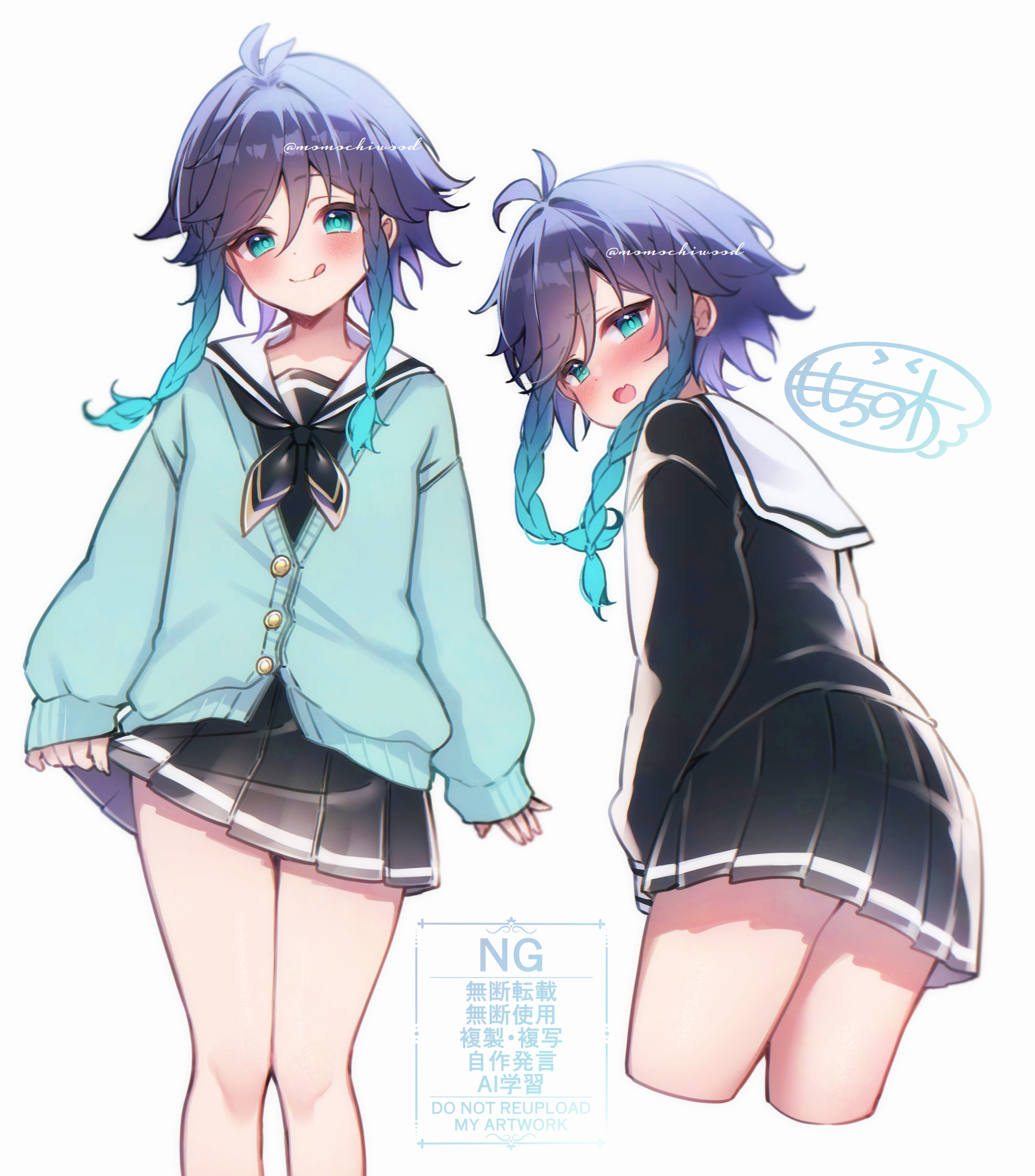 momochiwood, venti (genshin impact), genshin impact, absurdres, highres, 1boy, aqua cardigan, aqua eyes, aqua hair, artist name, black neckerchief, black sailor collar, black serafuku, black shirt, black skirt, blue hair, braid, cardigan, clothes lift, crossdressing, crossdressing (mtf), dot nose, embarrassed, fang, gradient eyes, gradient hair, green eyes, long sleeves, male focus, medium hair, miniskirt, multicolored eyes, multicolored hair, neckerchief, pleated skirt, sailor collar, school uniform, serafuku, shirt, signature, skin fang, skirt, skirt lift, solo, streaked hair, tongue, tongue out, trap, twin braids, watermark